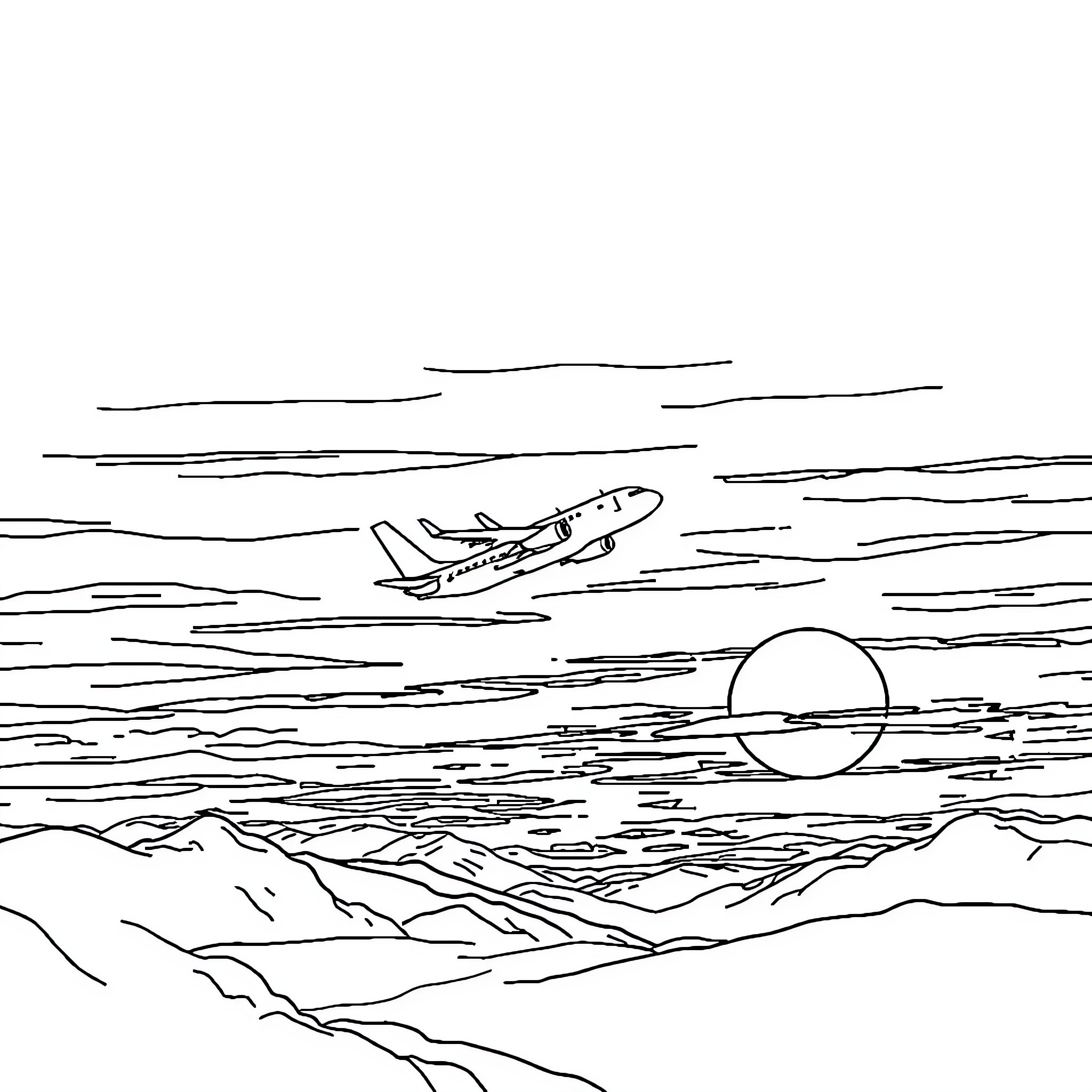 Airplane flying over a mountainous landscape at sunset Coloring Page (free black-and-white line drawing printable PDF for all, from beginners to advanced learners, including children, teens, adults, and seniors)