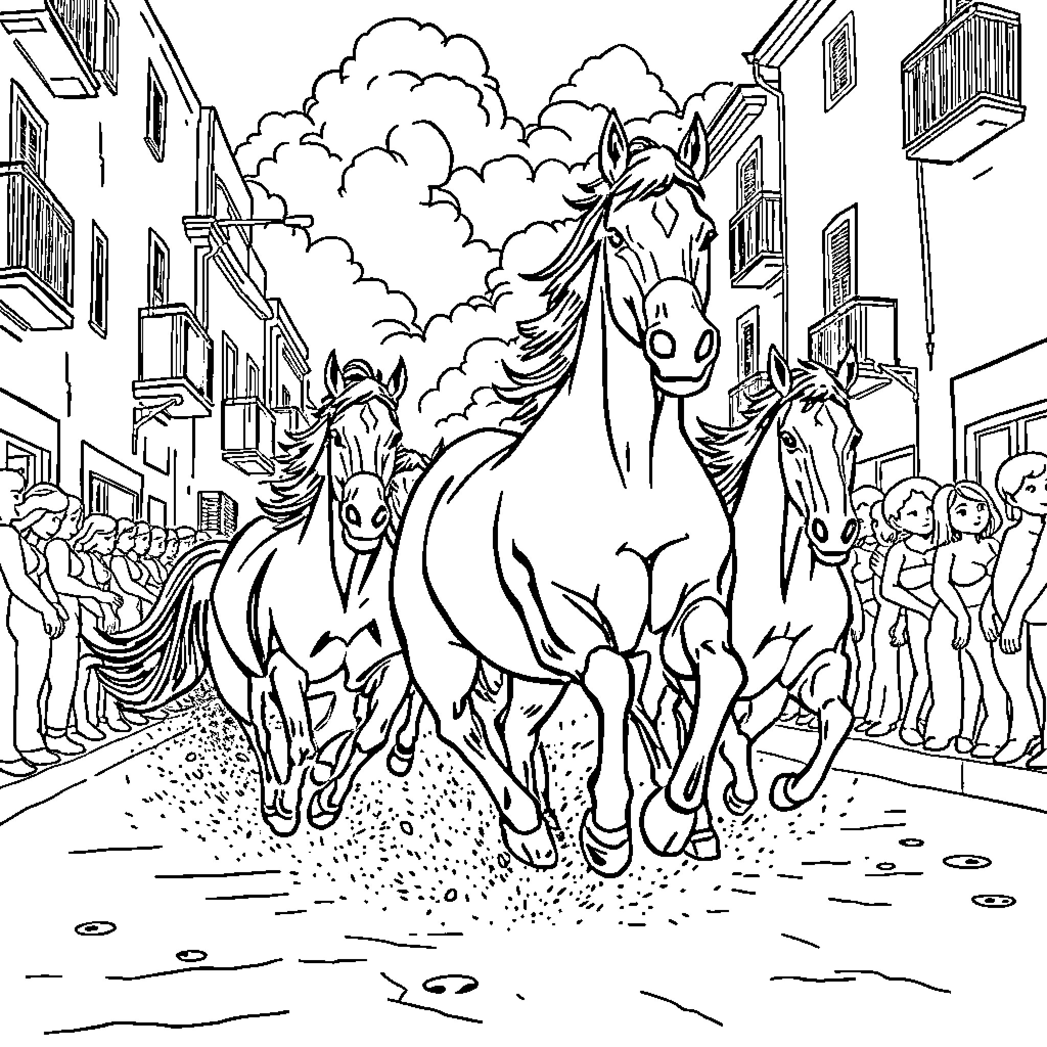 Bull Running with Energetic Horses and Excited Crowds Coloring Page (free black-and-white line drawing printable PDF for all, from beginners to advanced learners, including children, teens, adults, and seniors)
