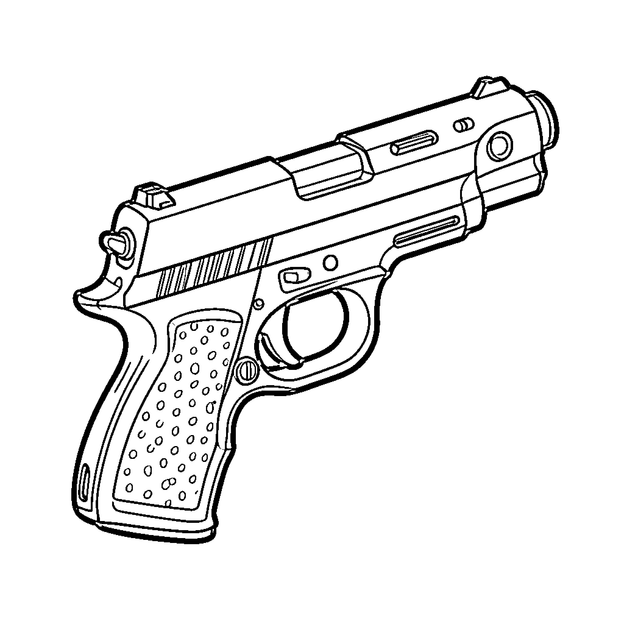 Pistol handgun presented in a detailed line drawing Coloring Page (free black-and-white line drawing printable PDF for all, from beginners to advanced learners, including children, teens, adults, and seniors)