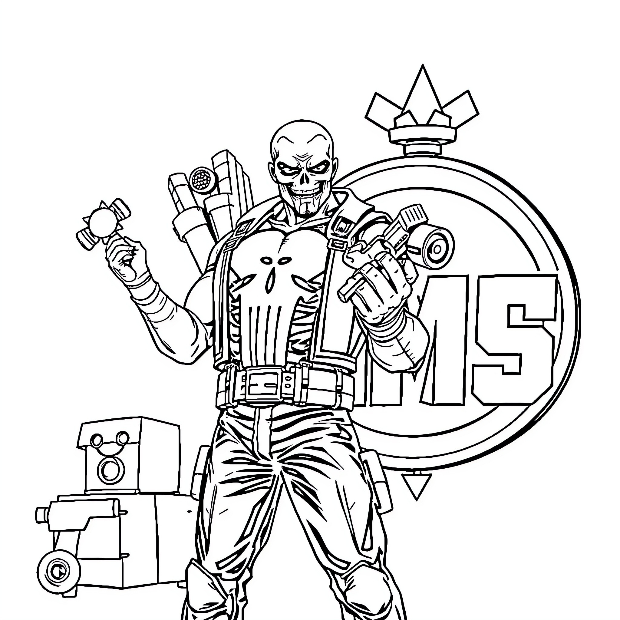 Punisher confronting enemies with weaponry and determination Coloring Page (free black-and-white line drawing printable PDF for all, from beginners to advanced learners, including children, teens, adults, and seniors)