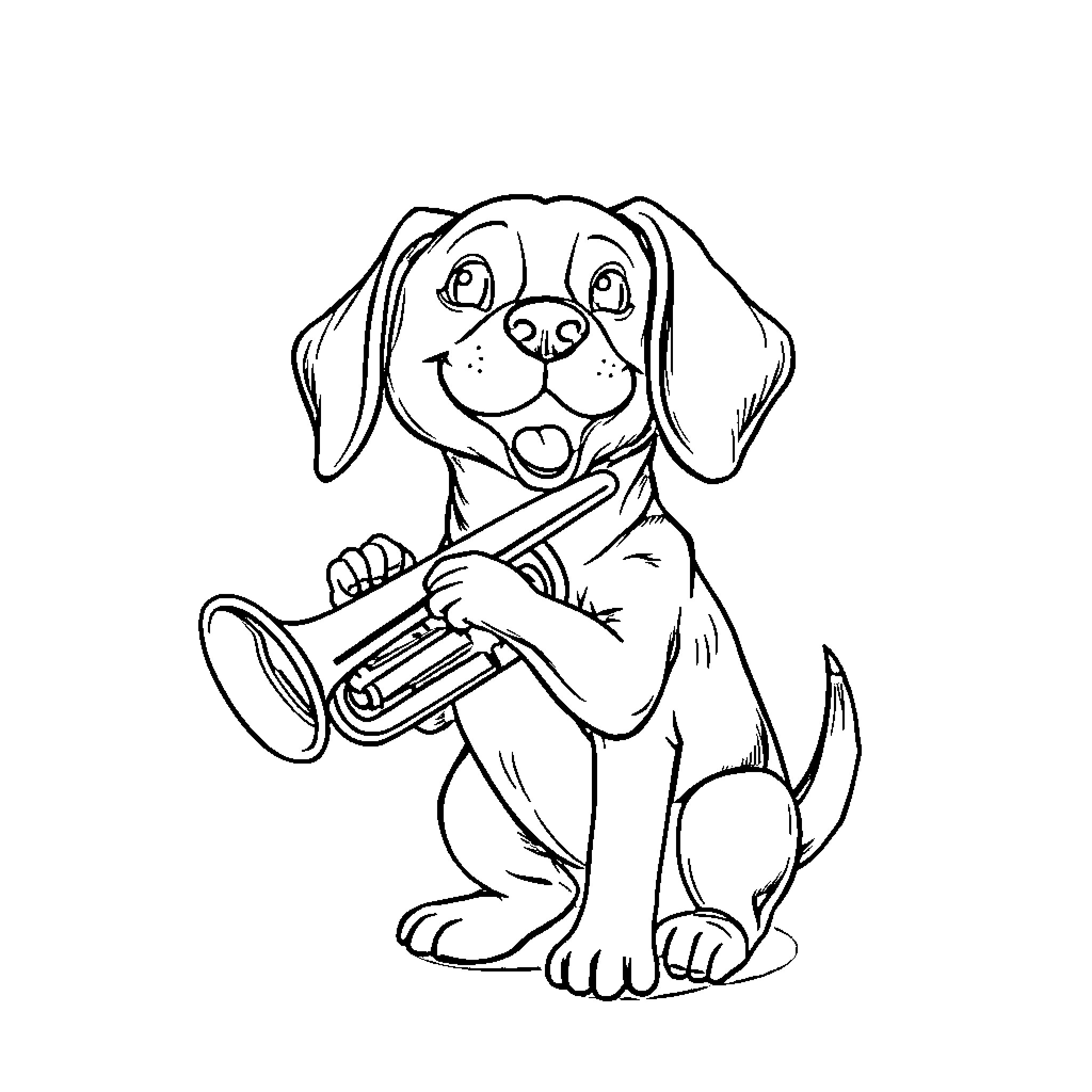 Beagle playing with a musical instrument Coloring Page (free black-and-white line drawing printable PDF for all, from beginners to advanced learners, including children, teens, adults, and seniors)