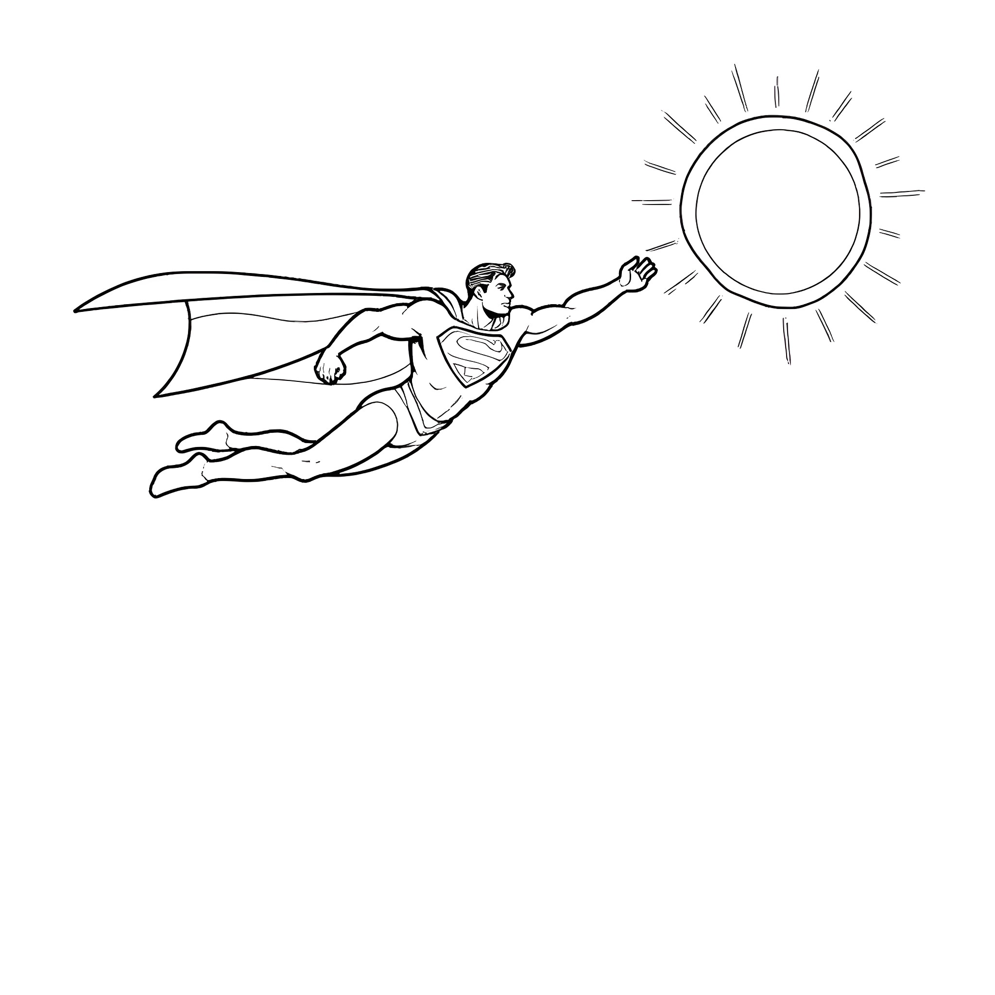 Superman soaring powerfully in the bright sky Coloring Page (free black-and-white line drawing printable PDF for all, from beginners to advanced learners, including children, teens, adults, and seniors)
