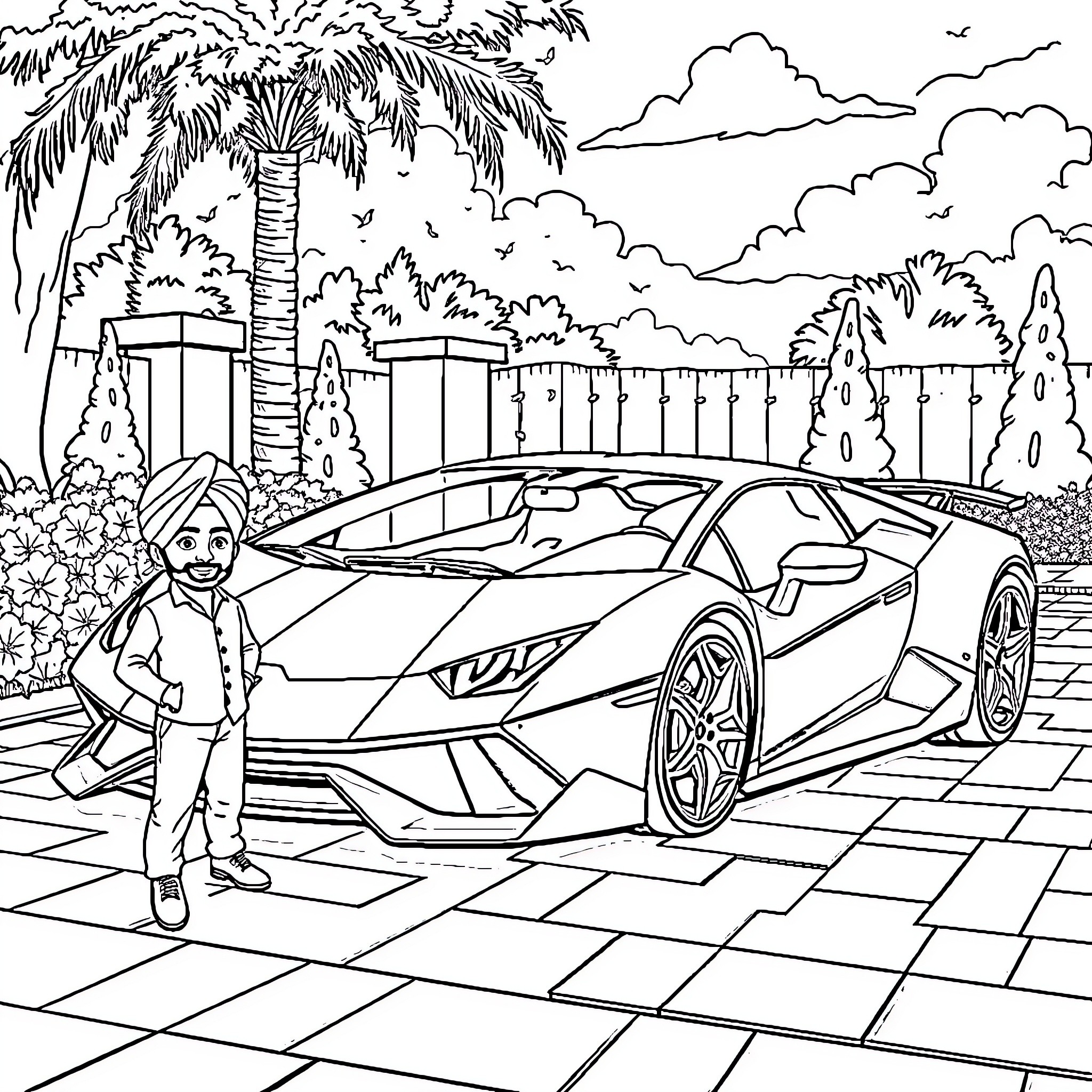 Mr Singh admiring a sleek sports car in a tropical setting Coloring Page (free black-and-white line drawing printable PDF for all, from beginners to advanced learners, including children, teens, adults, and seniors)