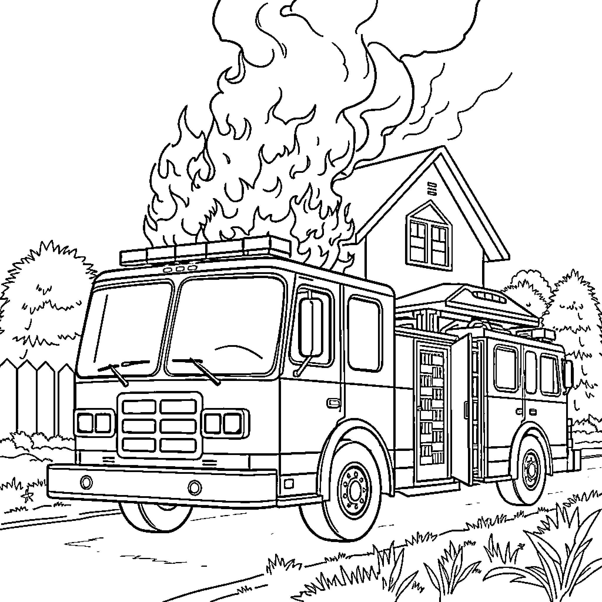 Fire Truck Responding to Burning House Emergency Coloring Page (free black-and-white line drawing printable PDF for all, from beginners to advanced learners, including children, teens, adults, and seniors)