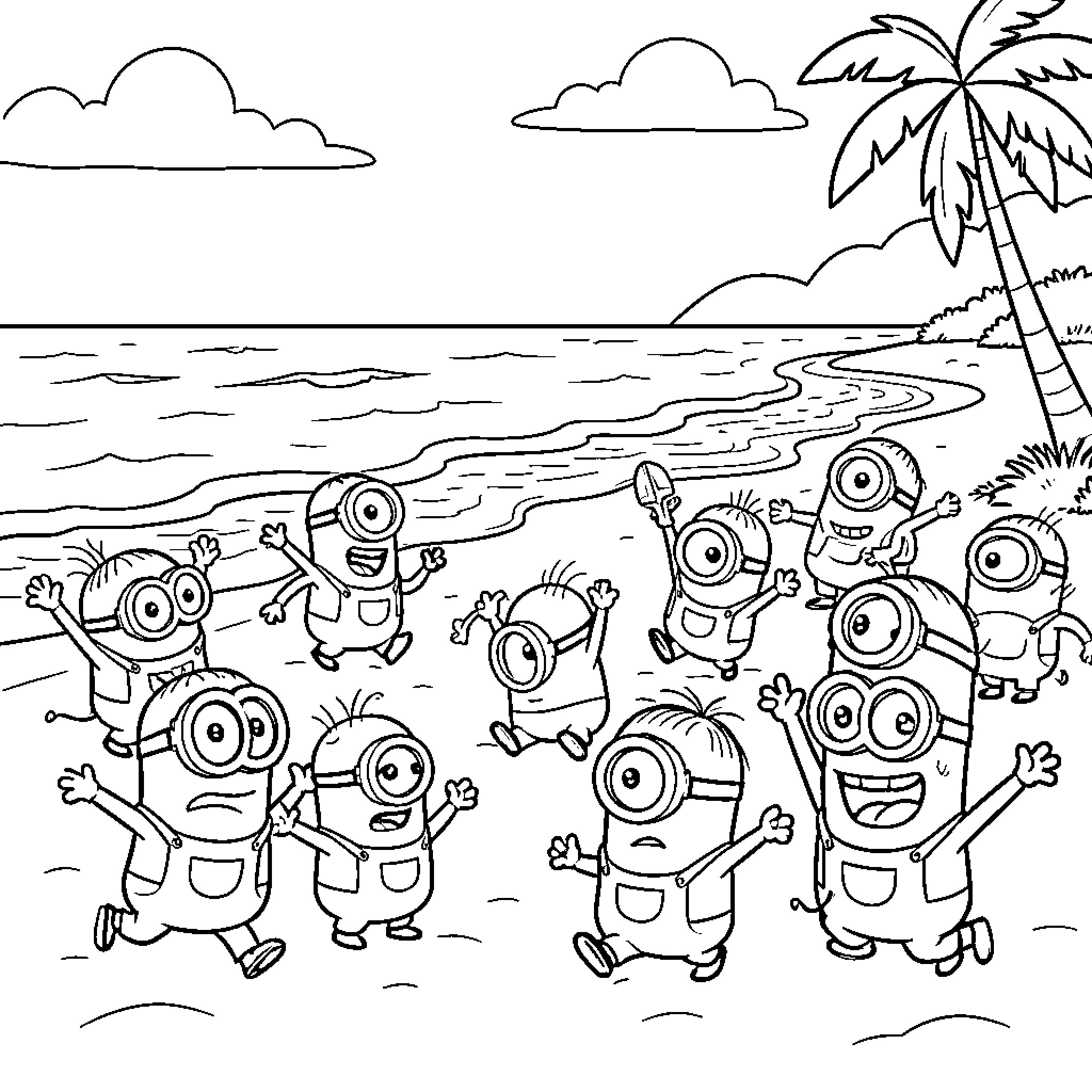 Minions playing and dancing joyfully on a sandy beach Coloring Page (free black-and-white line drawing printable PDF for all, from beginners to advanced learners, including children, teens, adults, and seniors)