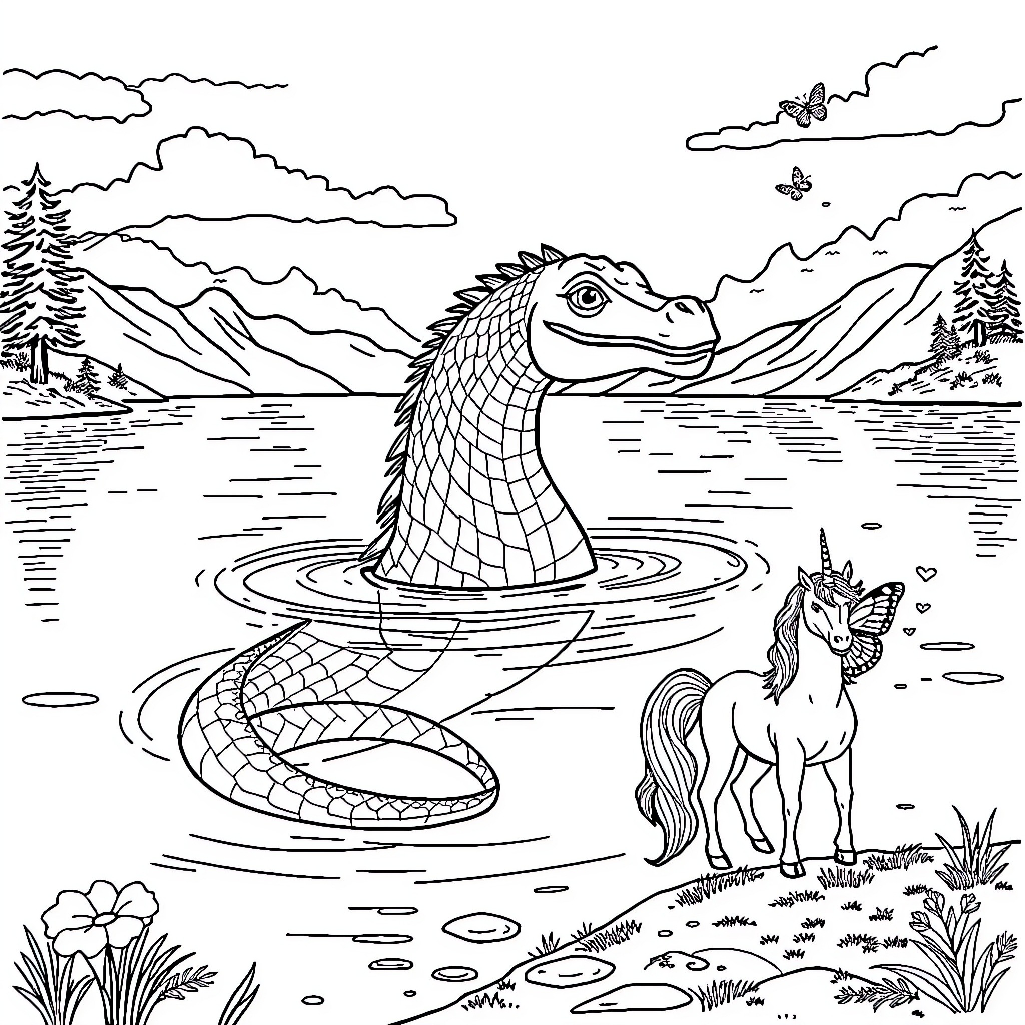 Loch Ness Monster and Unicorn in Scenic Landscape Coloring Page (free black-and-white line drawing printable PDF for all, from beginners to advanced learners, including children, teens, adults, and seniors)