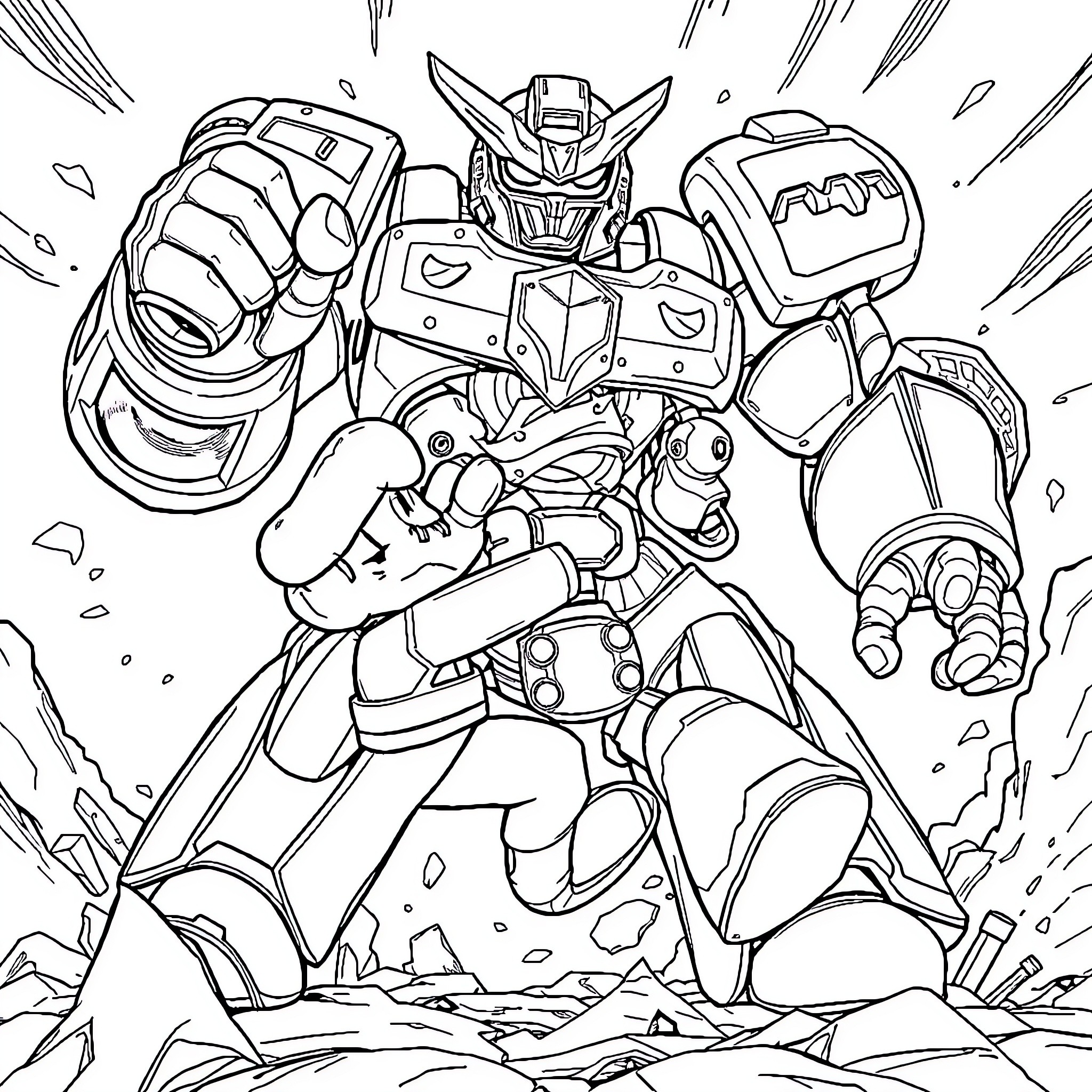 Super Mario Unleashing Robotic Power Coloring Page (free black-and-white line drawing printable PDF for all, from beginners to advanced learners, including children, teens, adults, and seniors)