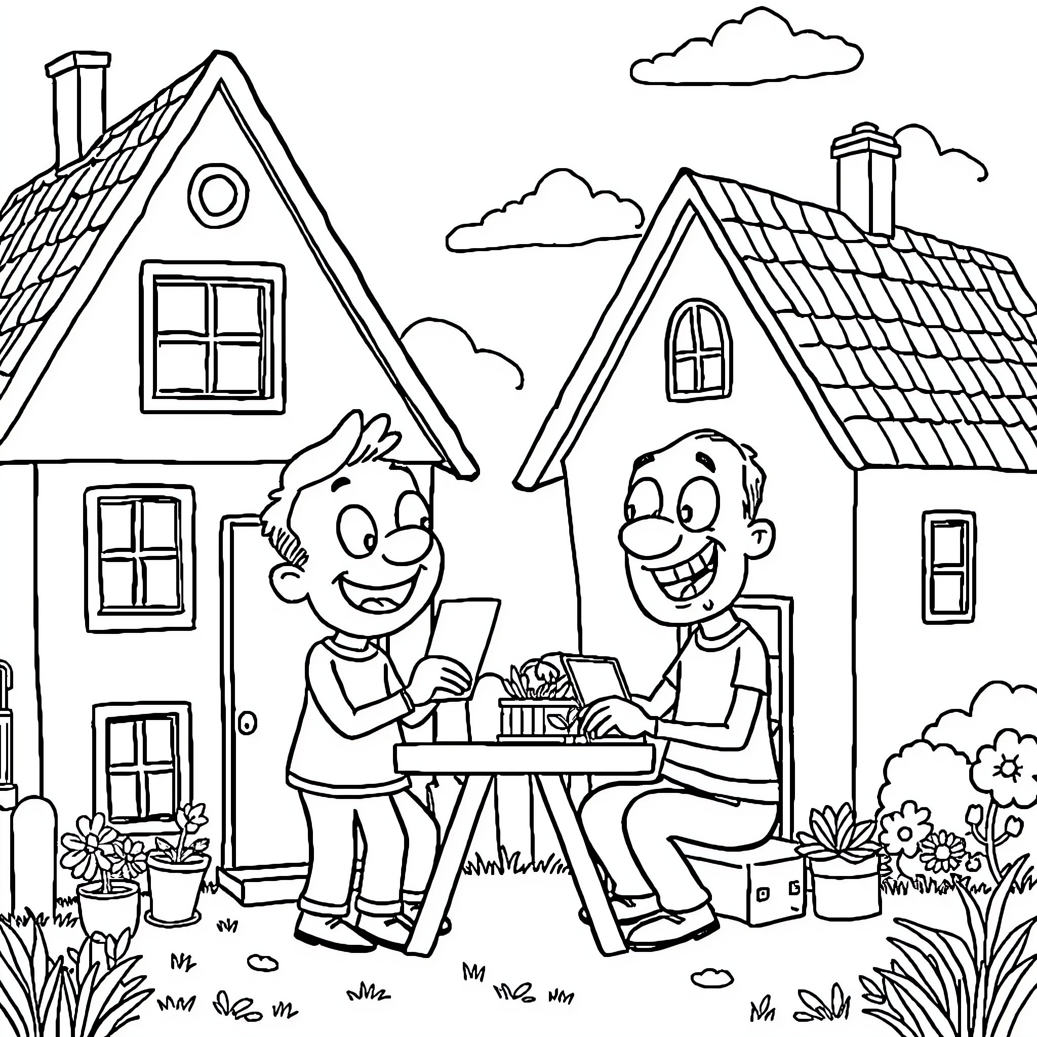 Buurman's friendly conversation in the neighborhood Coloring Page (free black-and-white line drawing printable PDF for all, from beginners to advanced learners, including children, teens, adults, and seniors)