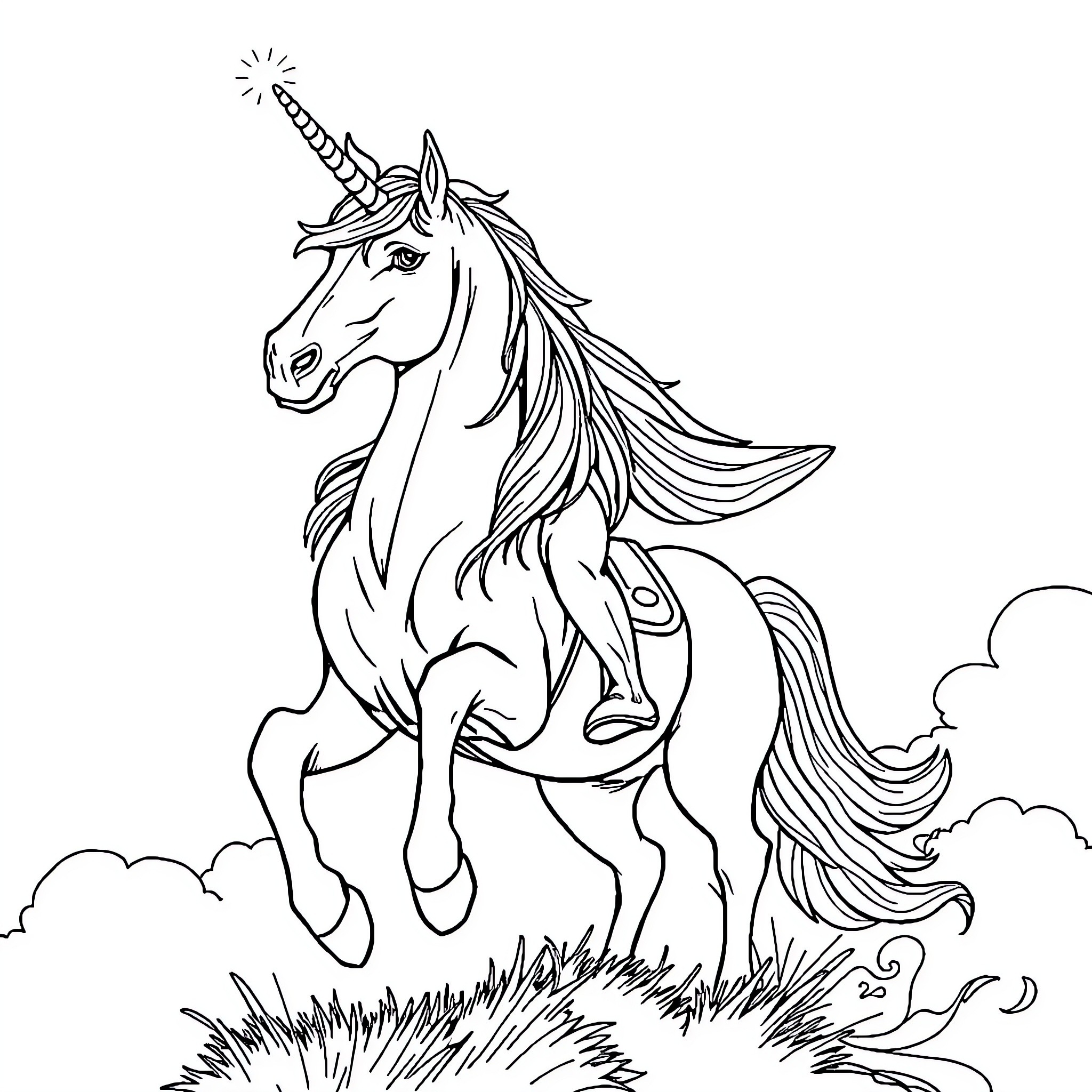 Horse prancing through a field with clouds Coloring Page (free black-and-white line drawing printable PDF for all, from beginners to advanced learners, including children, teens, adults, and seniors)