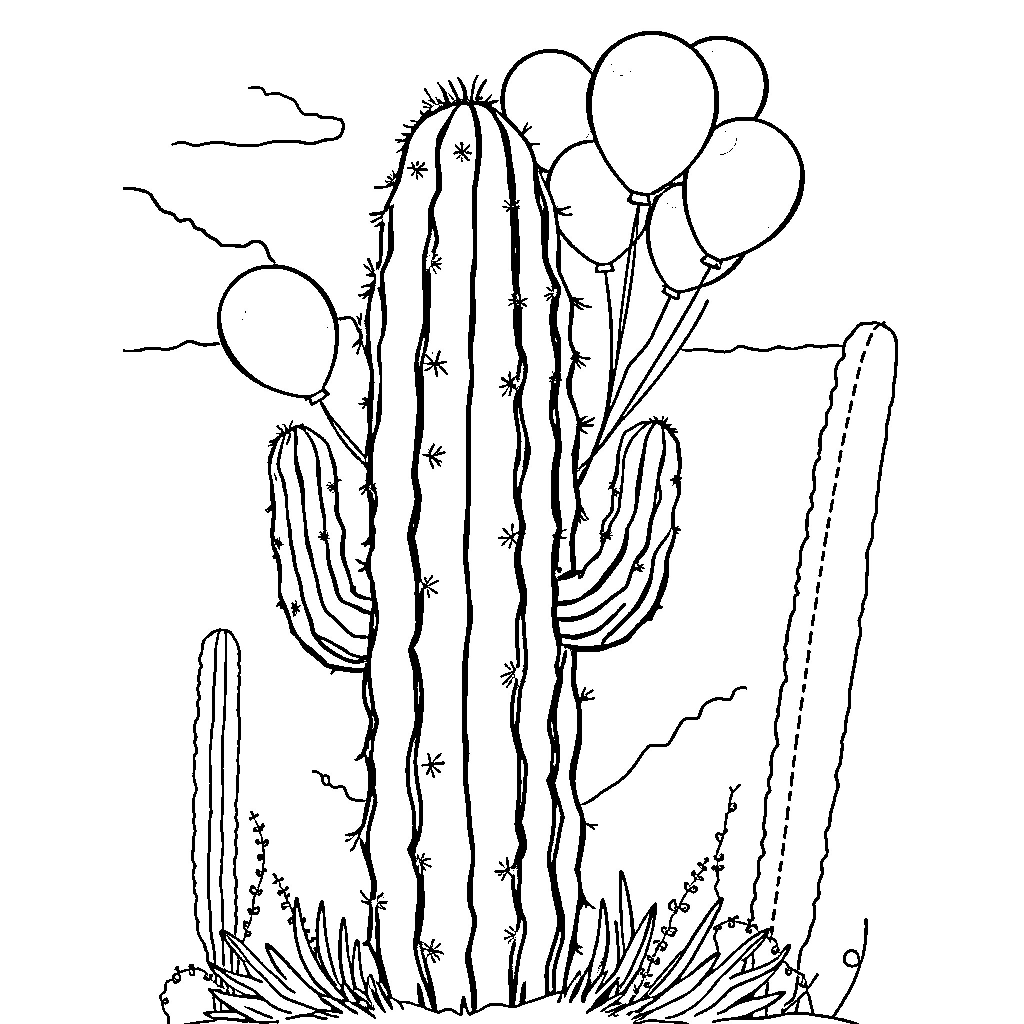 Cactus with Balloons in Desert Landscape Coloring Page (free black-and-white line drawing printable PDF for all, from beginners to advanced learners, including children, teens, adults, and seniors)