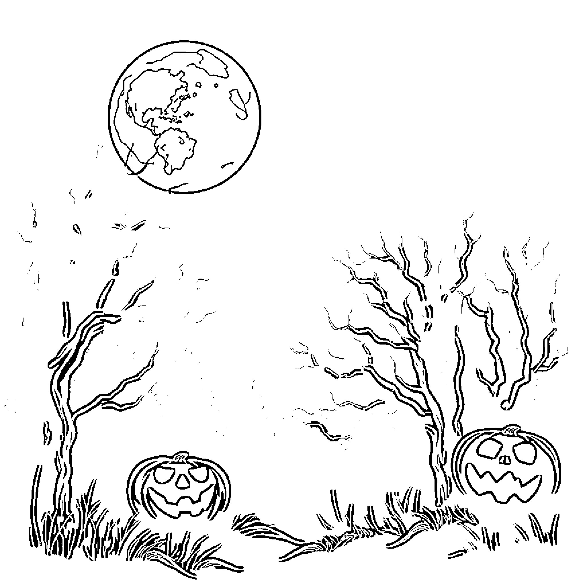 Halloween Jack-o'-lanterns and spooky trees under the moon Coloring Page (free black-and-white line drawing printable PDF for all, from beginners to advanced learners, including children, teens, adults, and seniors)