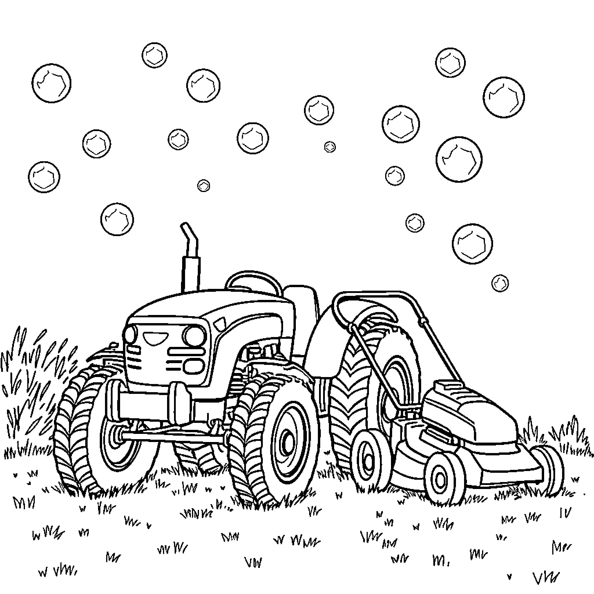 Tractor working in the field with lawnmower Coloring Page (free black-and-white line drawing printable PDF for all, from beginners to advanced learners, including children, teens, adults, and seniors)