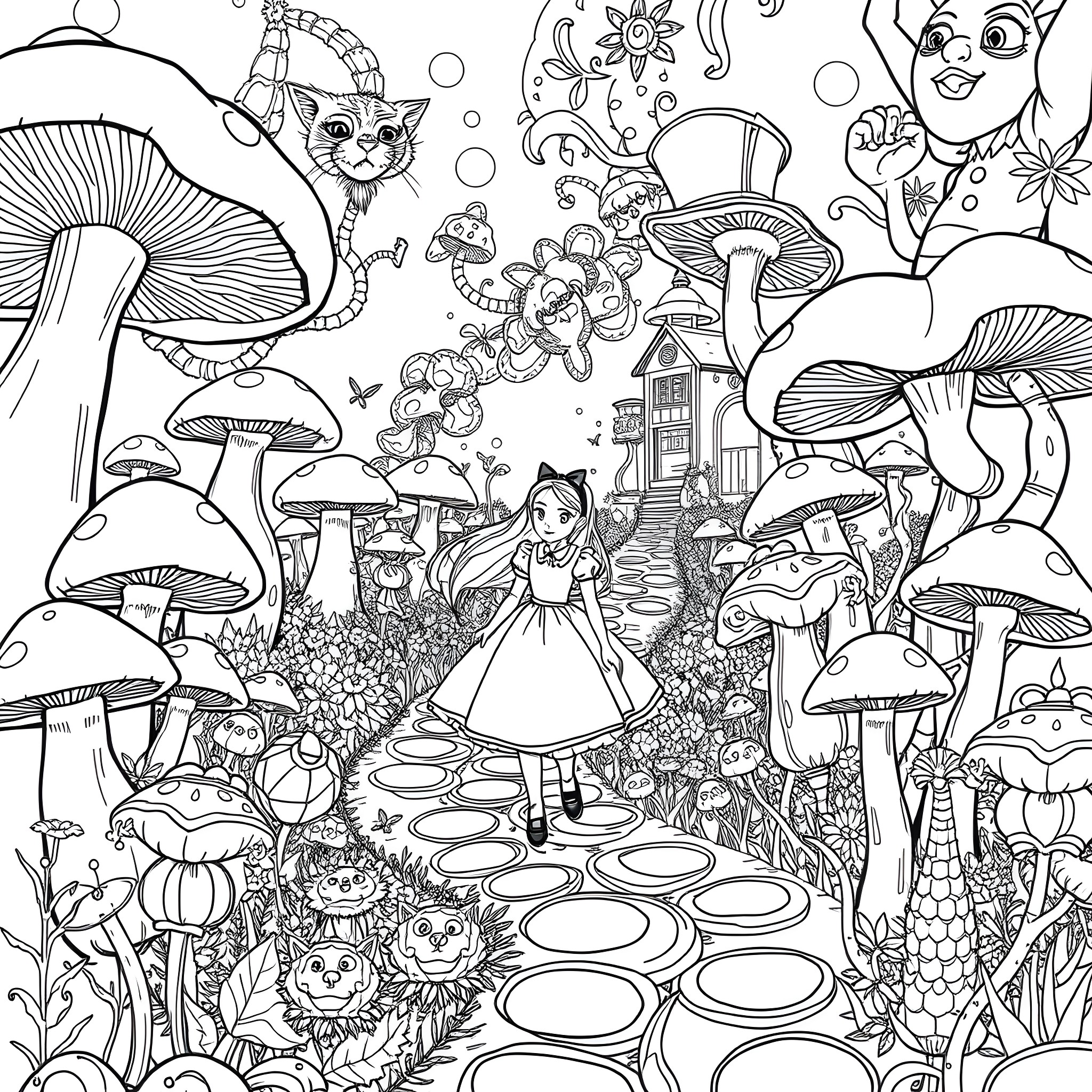 Alice's Wonderland Adventure in a Mushroom Forest Coloring Page (free black-and-white line drawing printable PDF for all, from beginners to advanced learners, including children, teens, adults, and seniors)