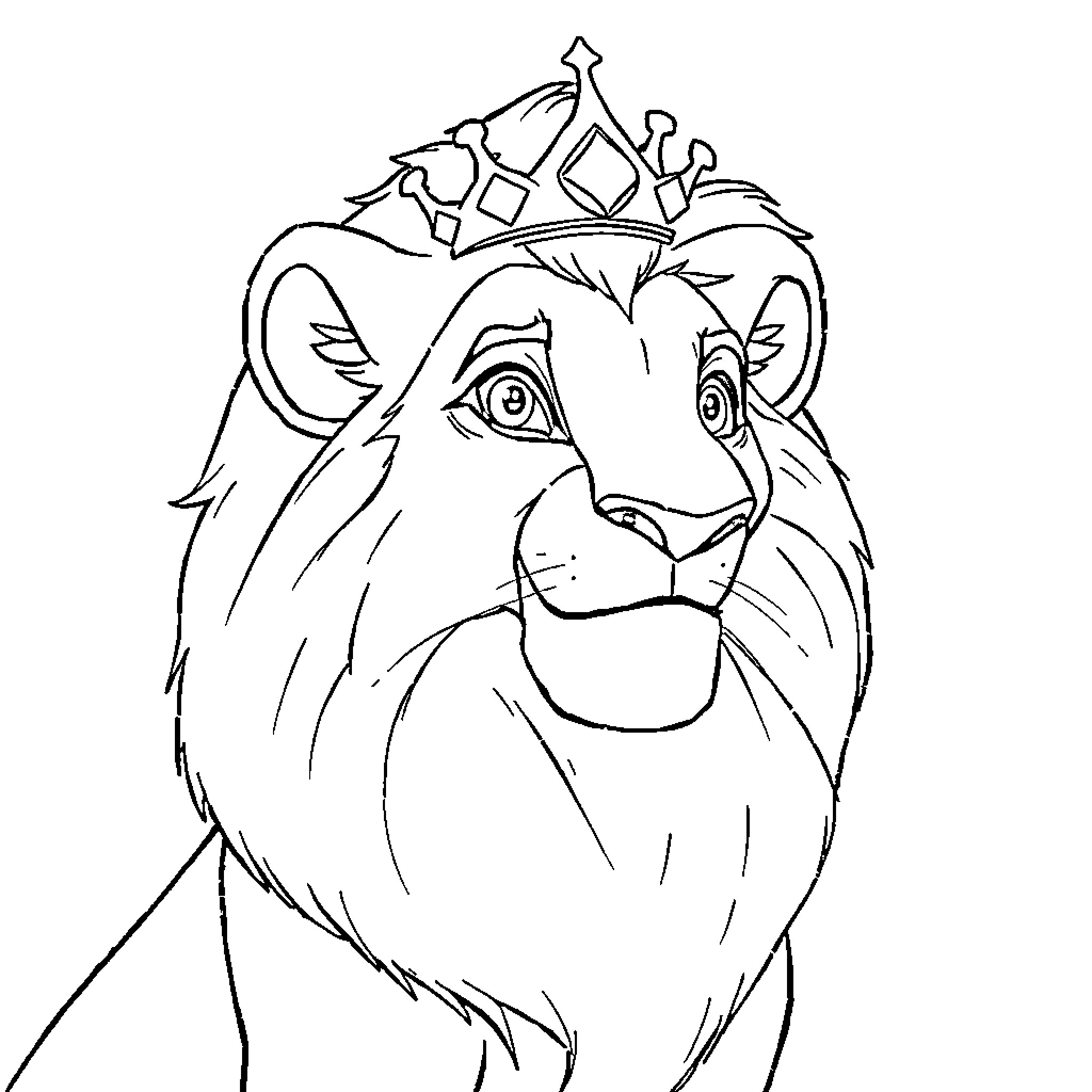 Simba the Lion King wearing a crown Coloring Page (free black-and-white line drawing printable PDF for all, from beginners to advanced learners, including children, teens, adults, and seniors)