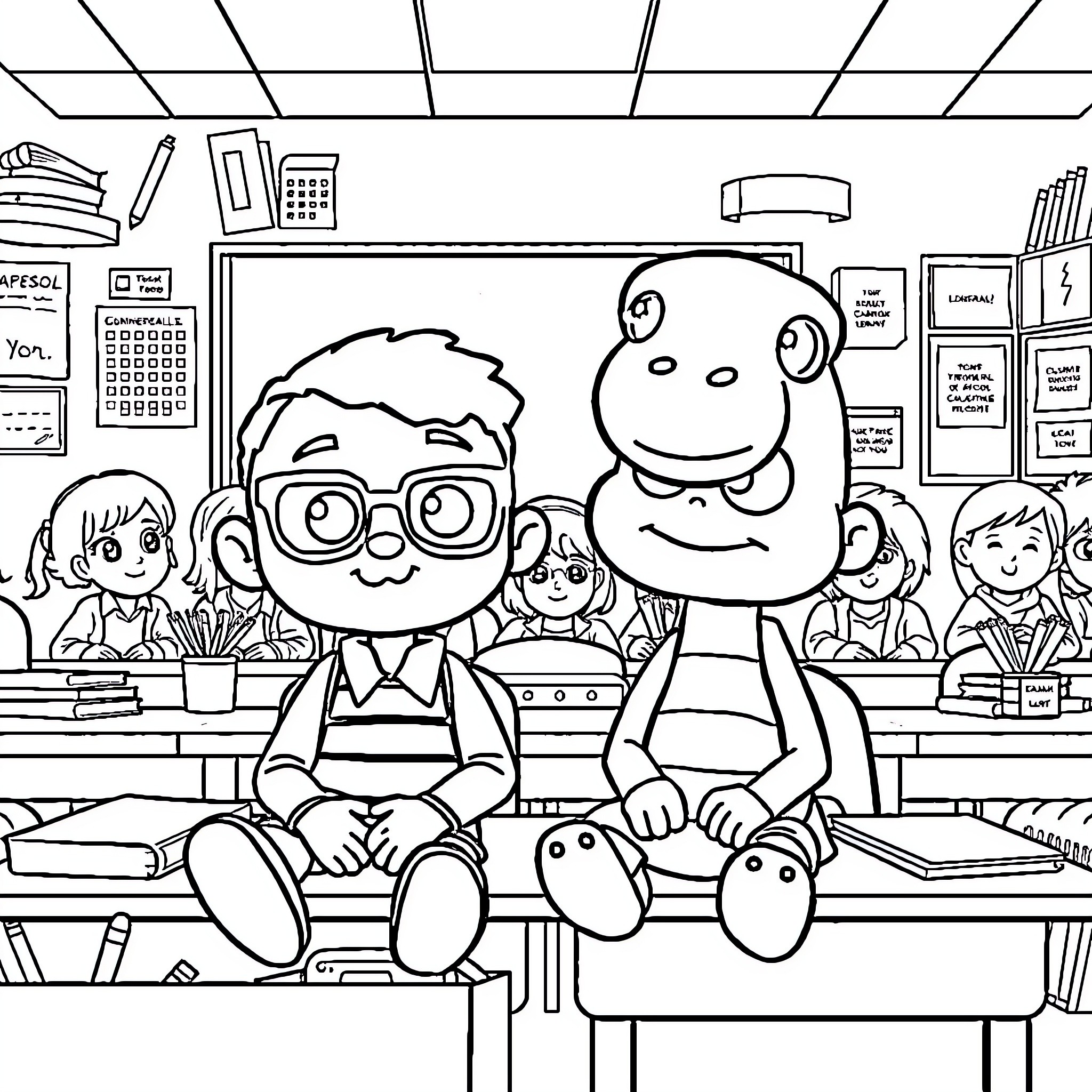 Gumball characters in a classroom setting Coloring Page (free black-and-white line drawing printable PDF for all, from beginners to advanced learners, including children, teens, adults, and seniors)