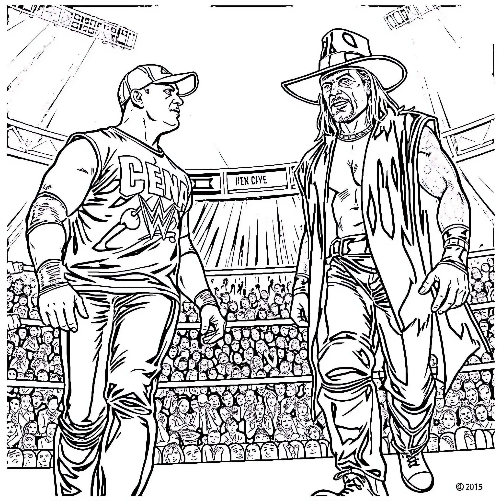John Cena and Undertaker Standoff in the Ring Coloring Page (free black-and-white line drawing printable PDF for all, from beginners to advanced learners, including children, teens, adults, and seniors)