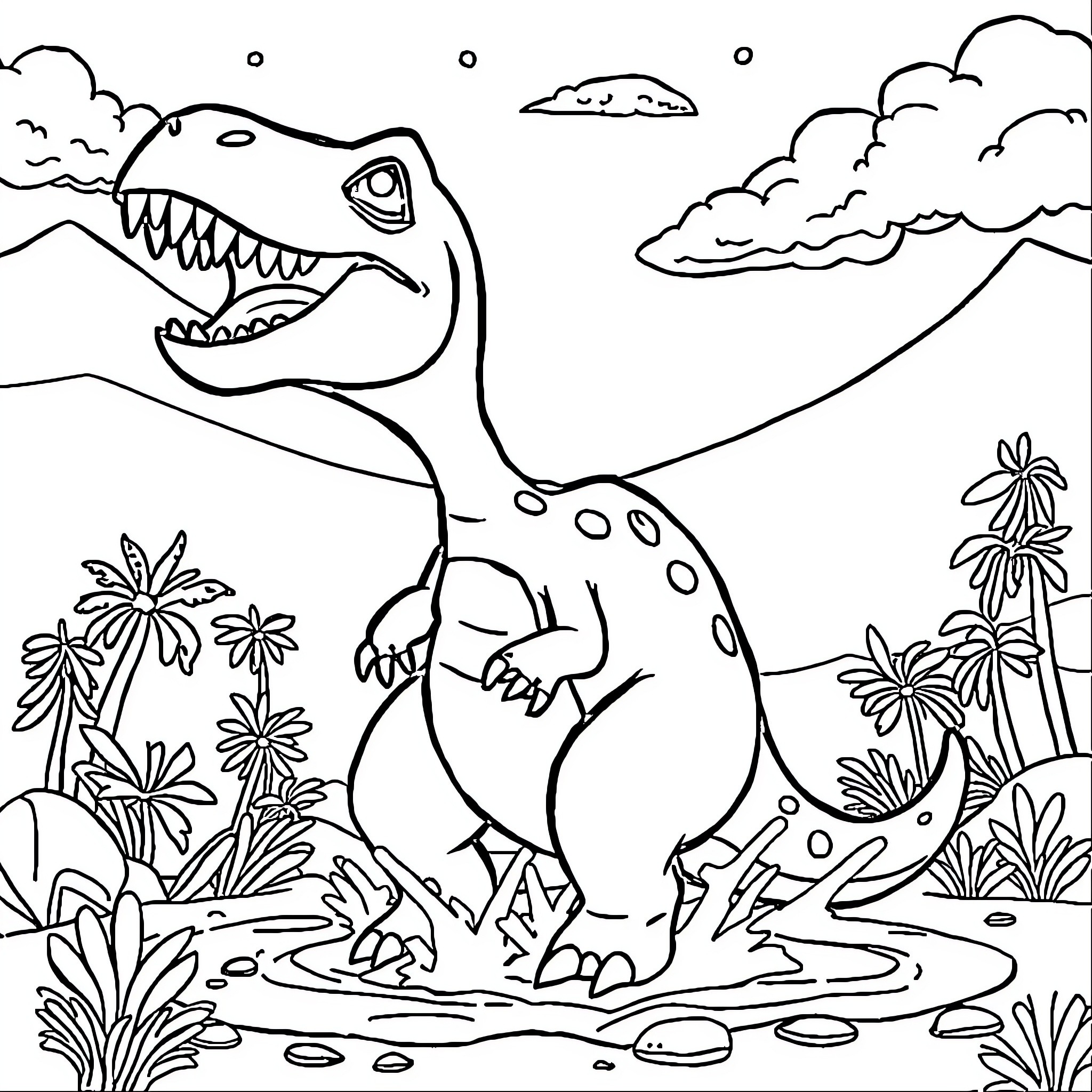Dinosaur roaming in lush jungle landscape Coloring Page (free black-and-white line drawing printable PDF for all, from beginners to advanced learners, including children, teens, adults, and seniors)