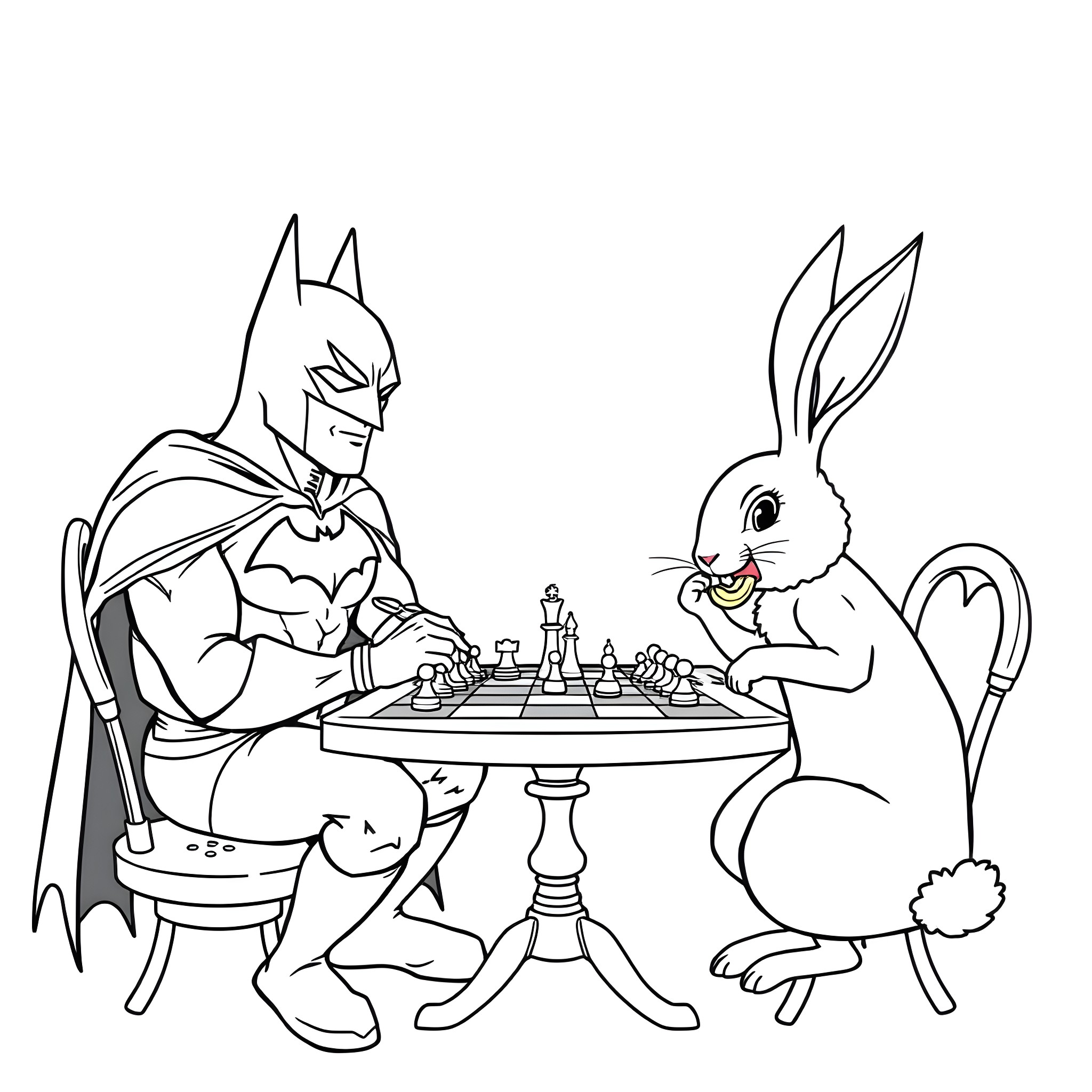 Batman playing chess with a mischievous rabbit Coloring Page (free black-and-white line drawing printable PDF for all, from beginners to advanced learners, including children, teens, adults, and seniors)