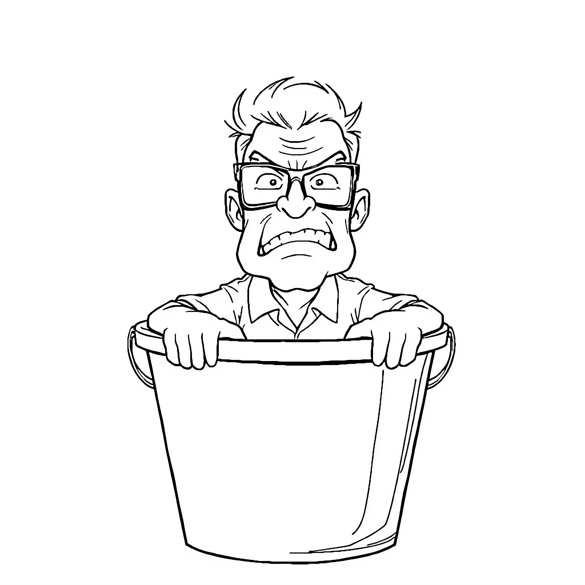 Man angrily gripping a bucket Coloring Page (free black-and-white line drawing printable PDF for all, from beginners to advanced learners, including children, teens, adults, and seniors)