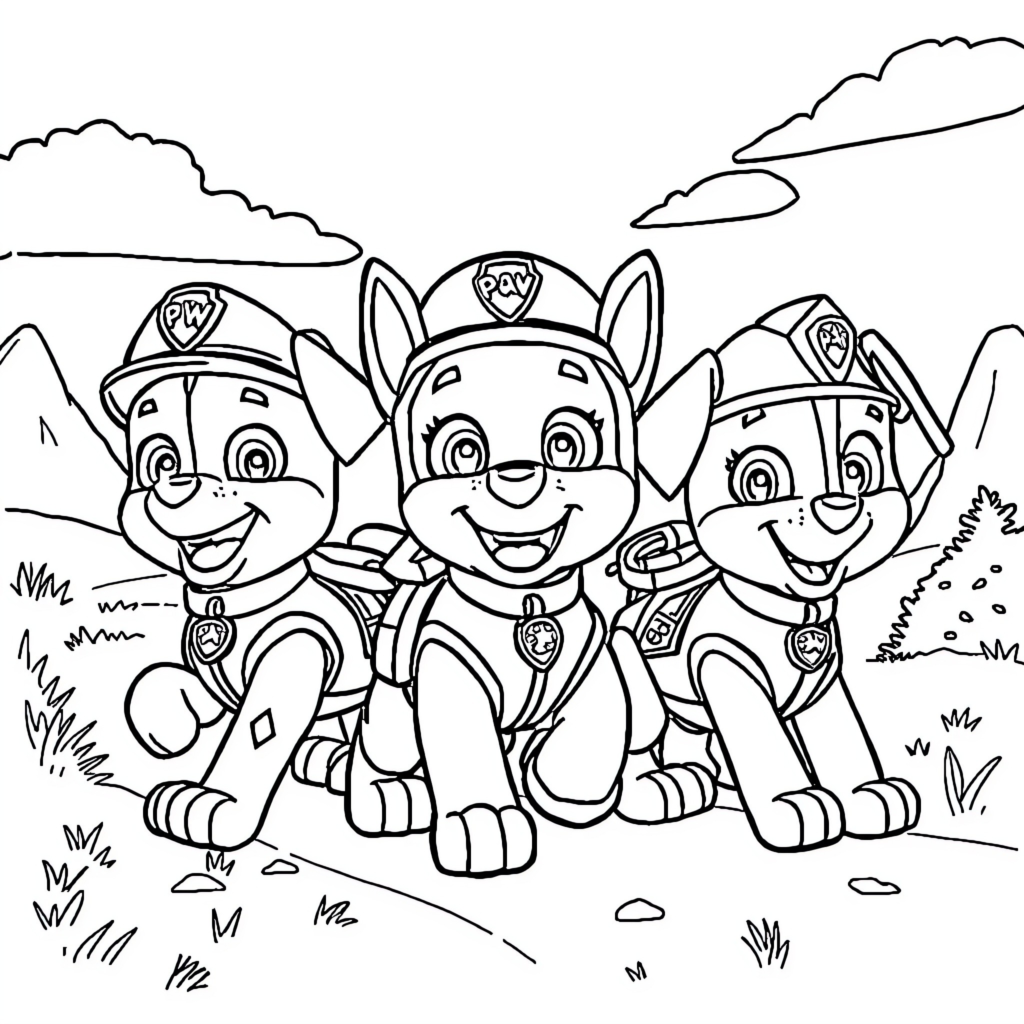 Paw Patrol pups on an adventure Coloring Page (free black-and-white line drawing printable PDF for all, from beginners to advanced learners, including children, teens, adults, and seniors)
