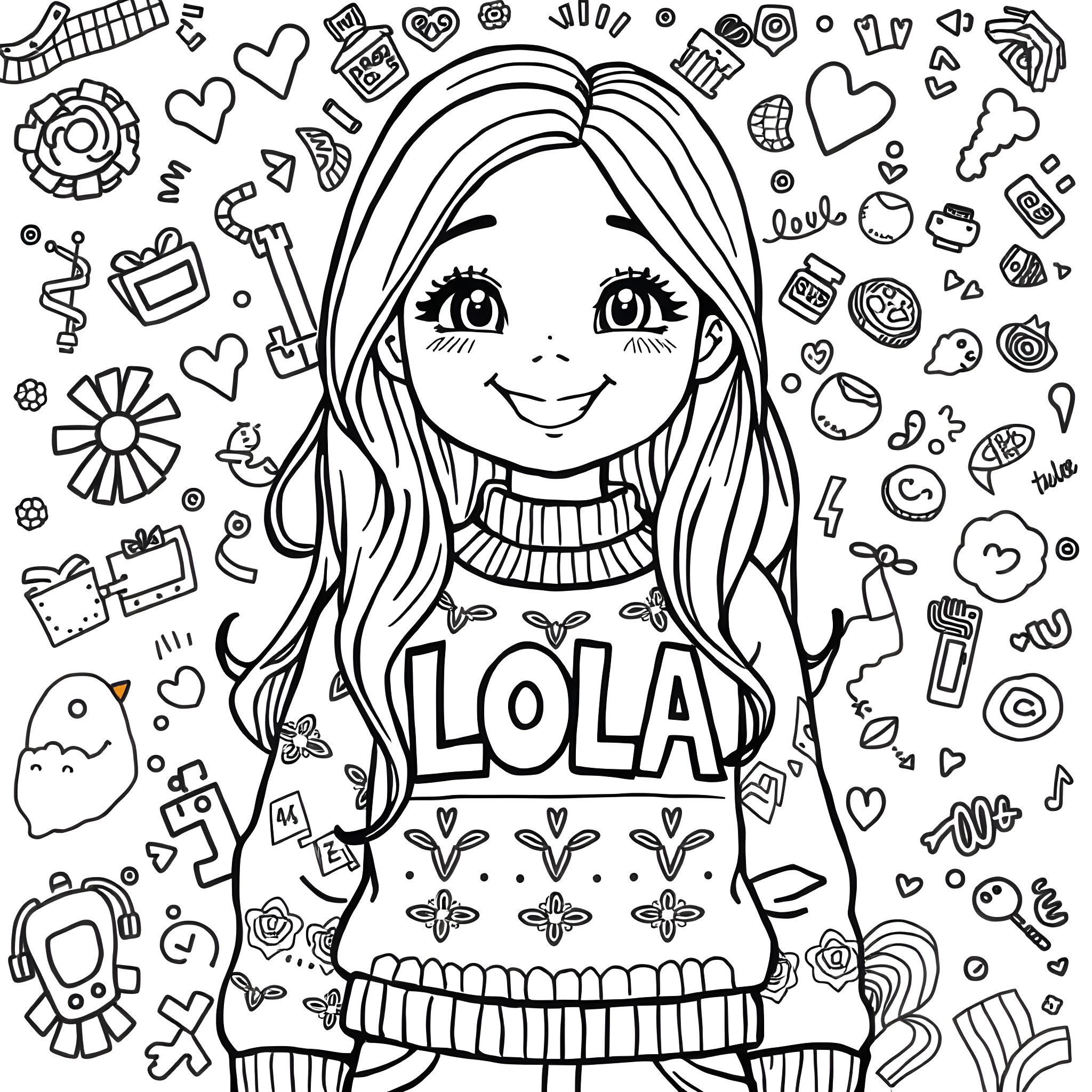 Girl dressed in sweater with doodle patterns Coloring Page (free black-and-white line drawing printable PDF for all, from beginners to advanced learners, including children, teens, adults, and seniors)