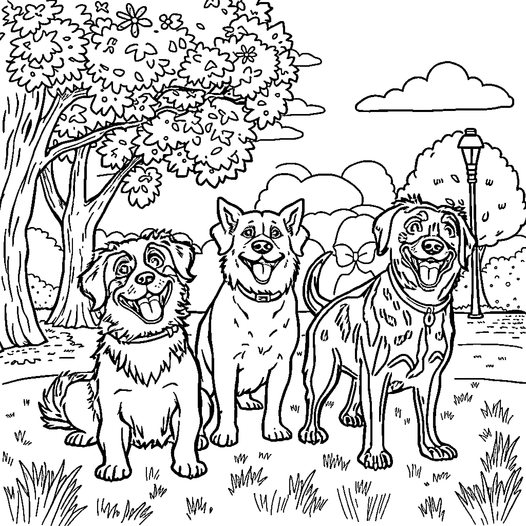 Dog friends playing in a park Coloring Page (free black-and-white line drawing printable PDF for all, from beginners to advanced learners, including children, teens, adults, and seniors)