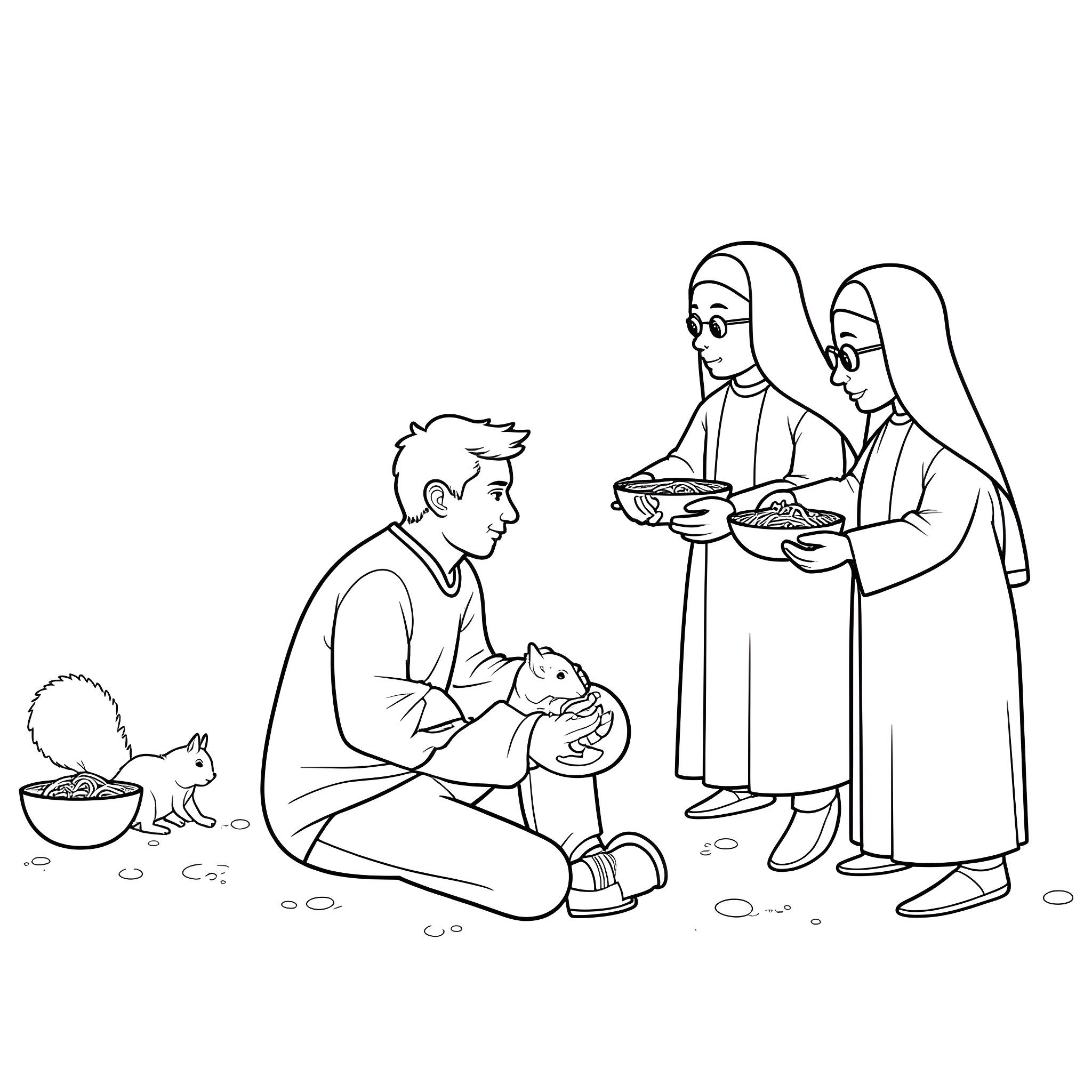 Man feeding rabbits with women observing Coloring Page (free black-and-white line drawing printable PDF for all, from beginners to advanced learners, including children, teens, adults, and seniors)