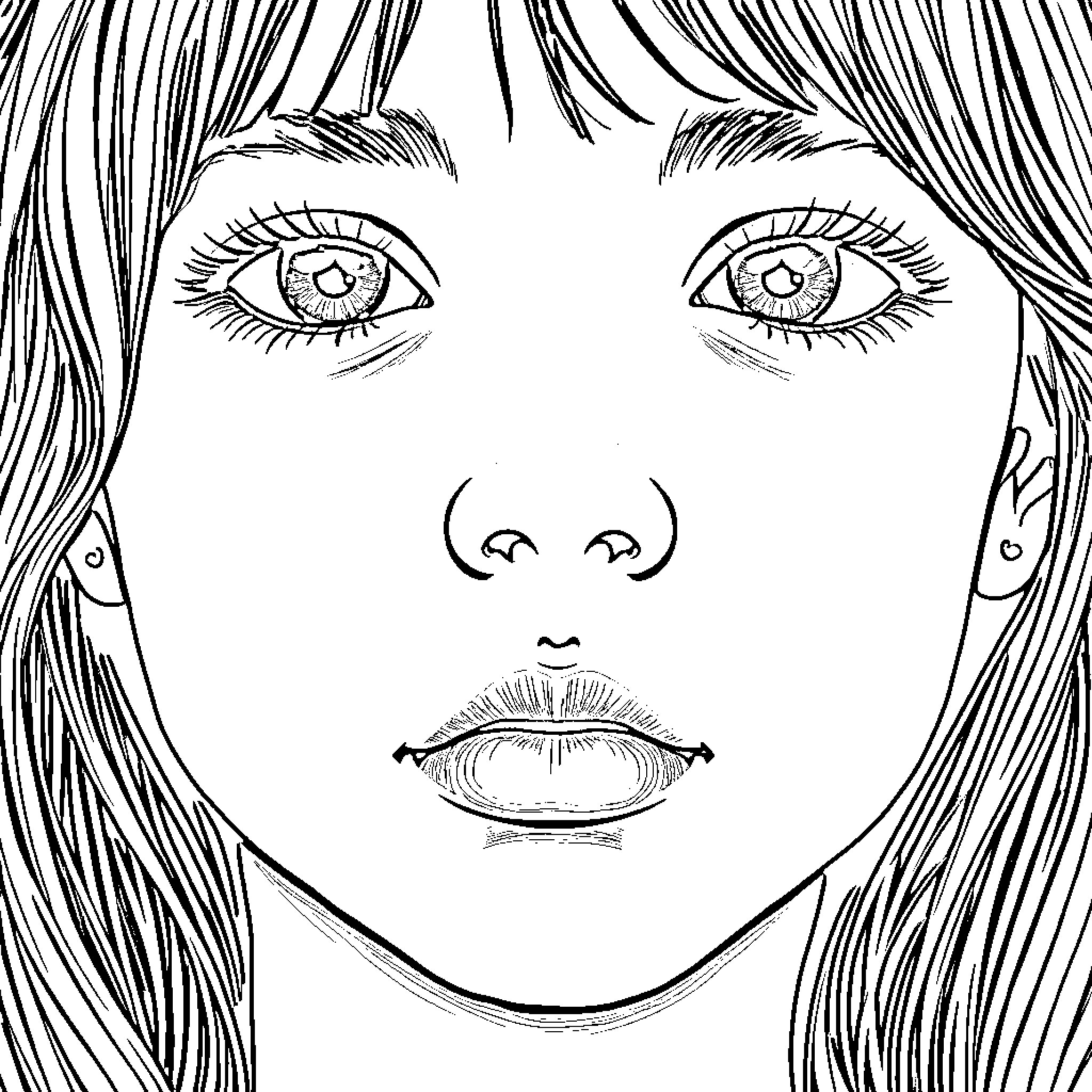 Girl with Expressive Eyes and Thoughtful Gaze Coloring Page (free black-and-white line drawing printable PDF for all, from beginners to advanced learners, including children, teens, adults, and seniors)