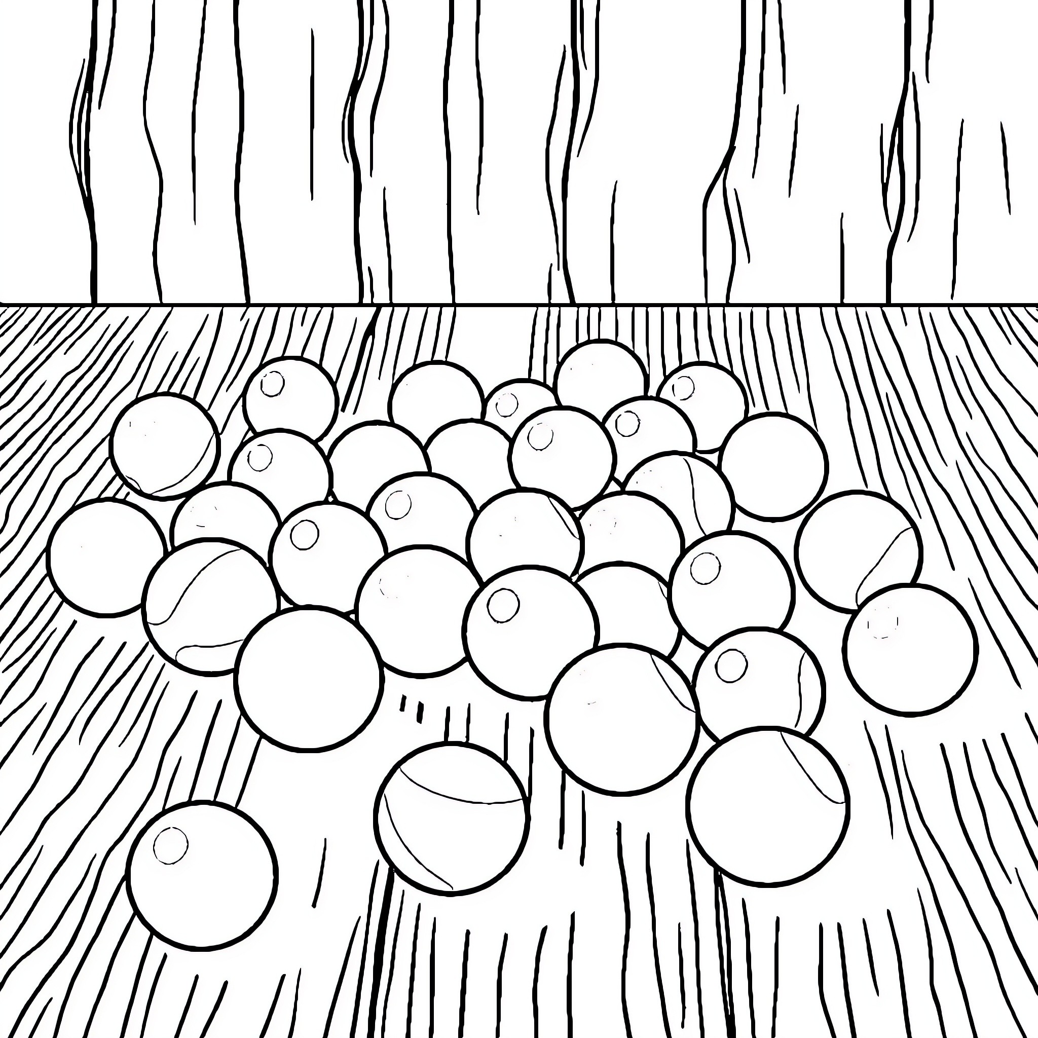 Ball Cluster Scattered on Wooden Floor Coloring Page (free black-and-white line drawing printable PDF for all, from beginners to advanced learners, including children, teens, adults, and seniors)