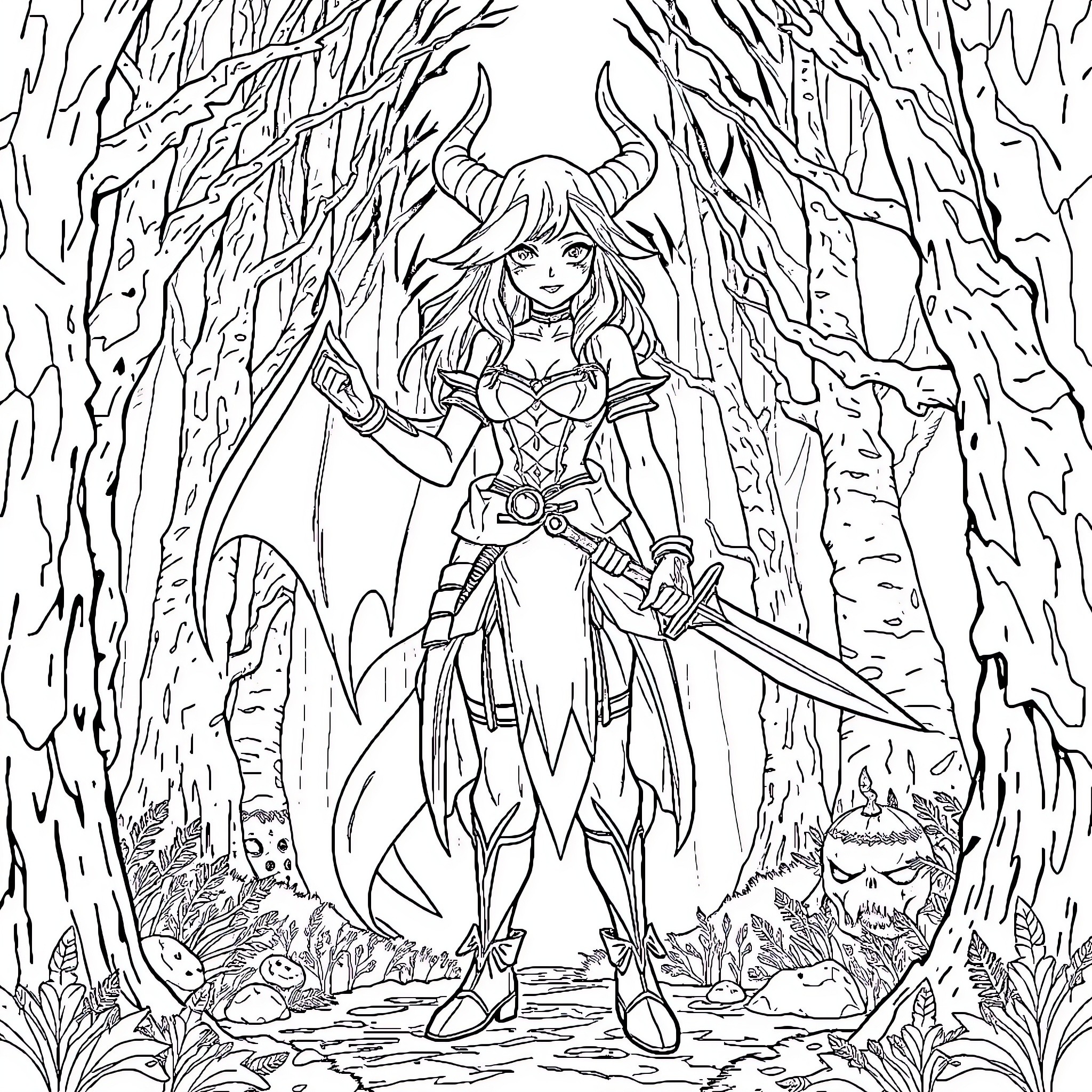 Demon Hunter Roaming the Enchanted Forest Coloring Page (free black-and-white line drawing printable PDF for all, from beginners to advanced learners, including children, teens, adults, and seniors)