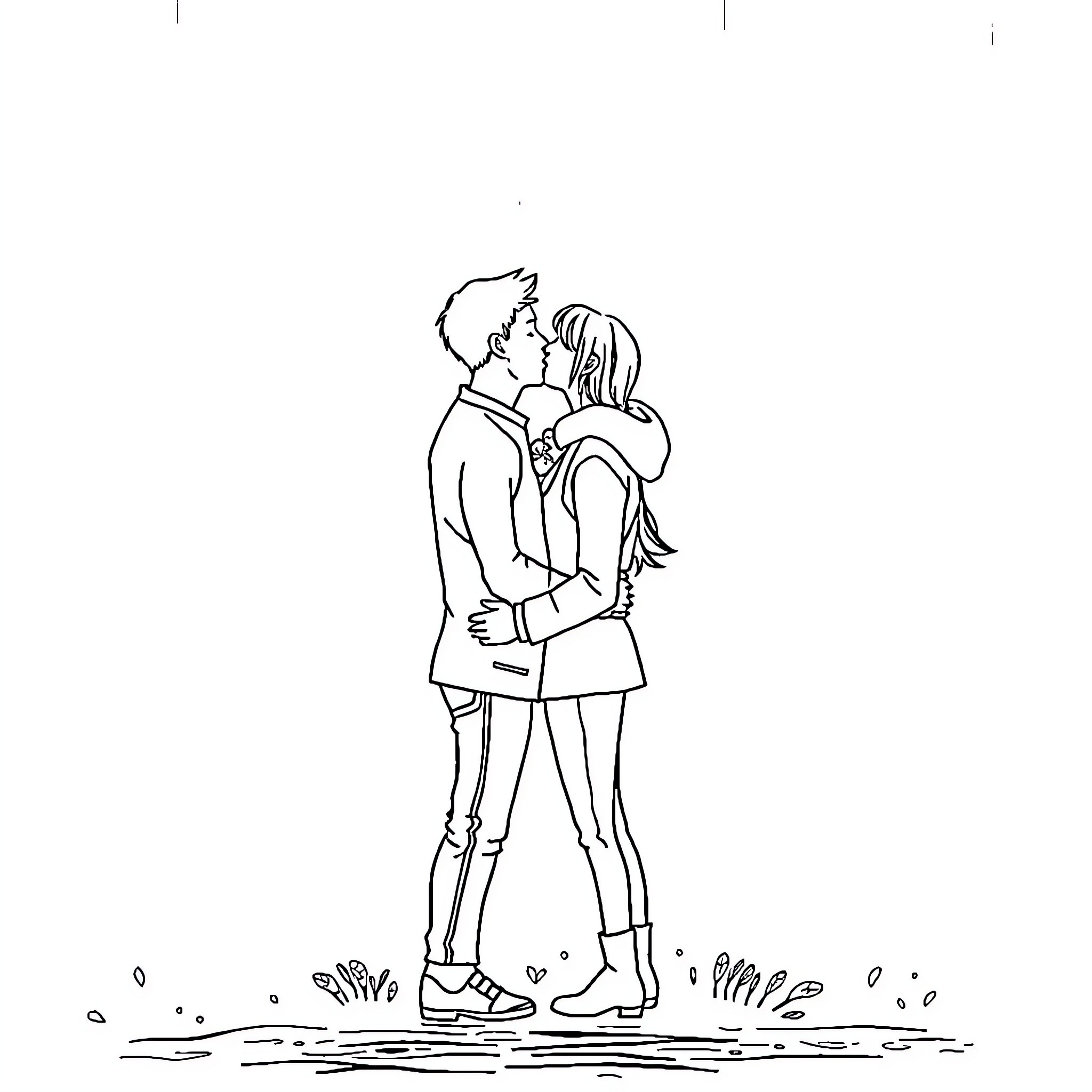 Lovers sharing an intimate moment Coloring Page (free black-and-white line drawing printable PDF for all, from beginners to advanced learners, including children, teens, adults, and seniors)