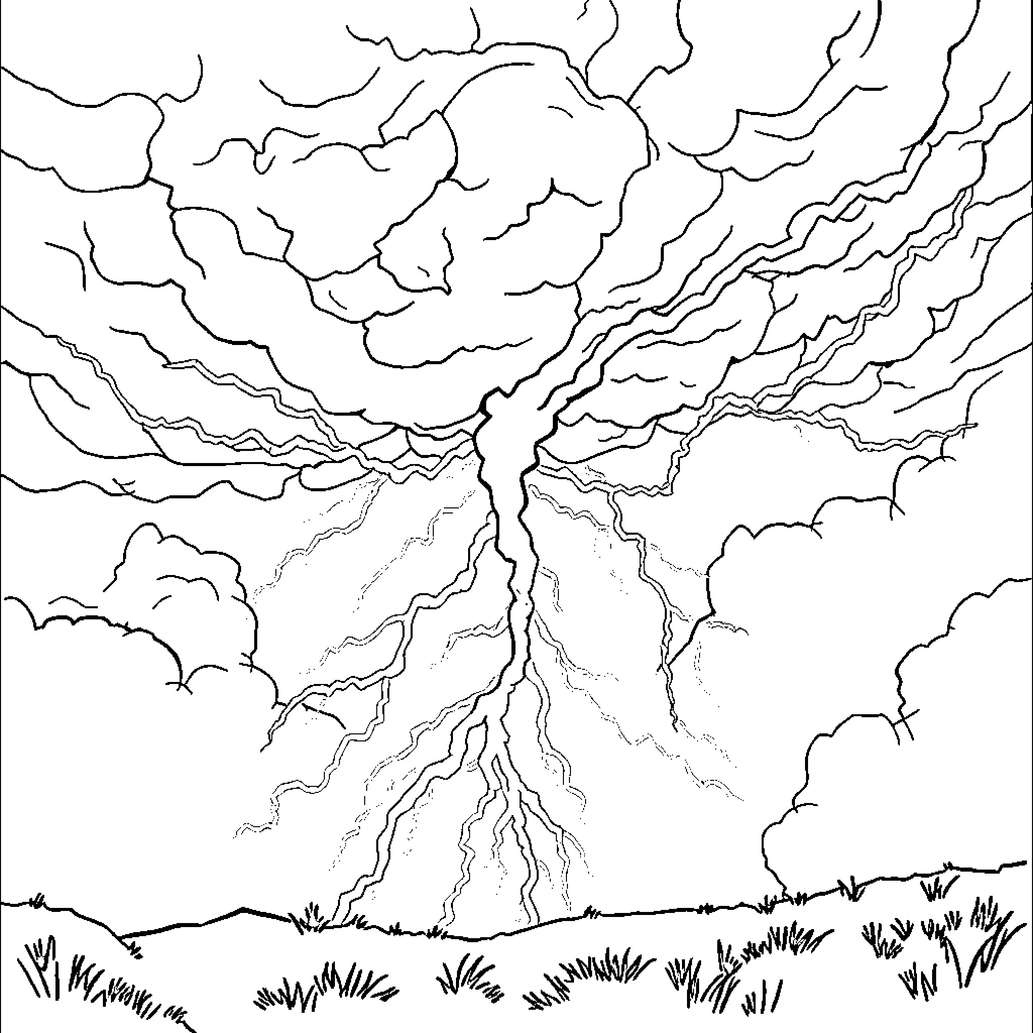 Thunder Storm Over Grassy Landscape Coloring Page (free black-and-white line drawing printable PDF for all, from beginners to advanced learners, including children, teens, adults, and seniors)