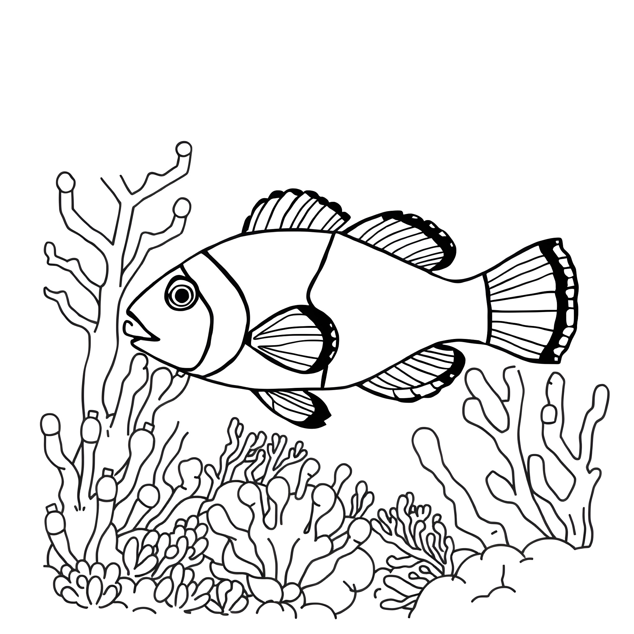 Clown Fish swimming among vibrant coral reef Coloring Page (free black-and-white line drawing printable PDF for all, from beginners to advanced learners, including children, teens, adults, and seniors)