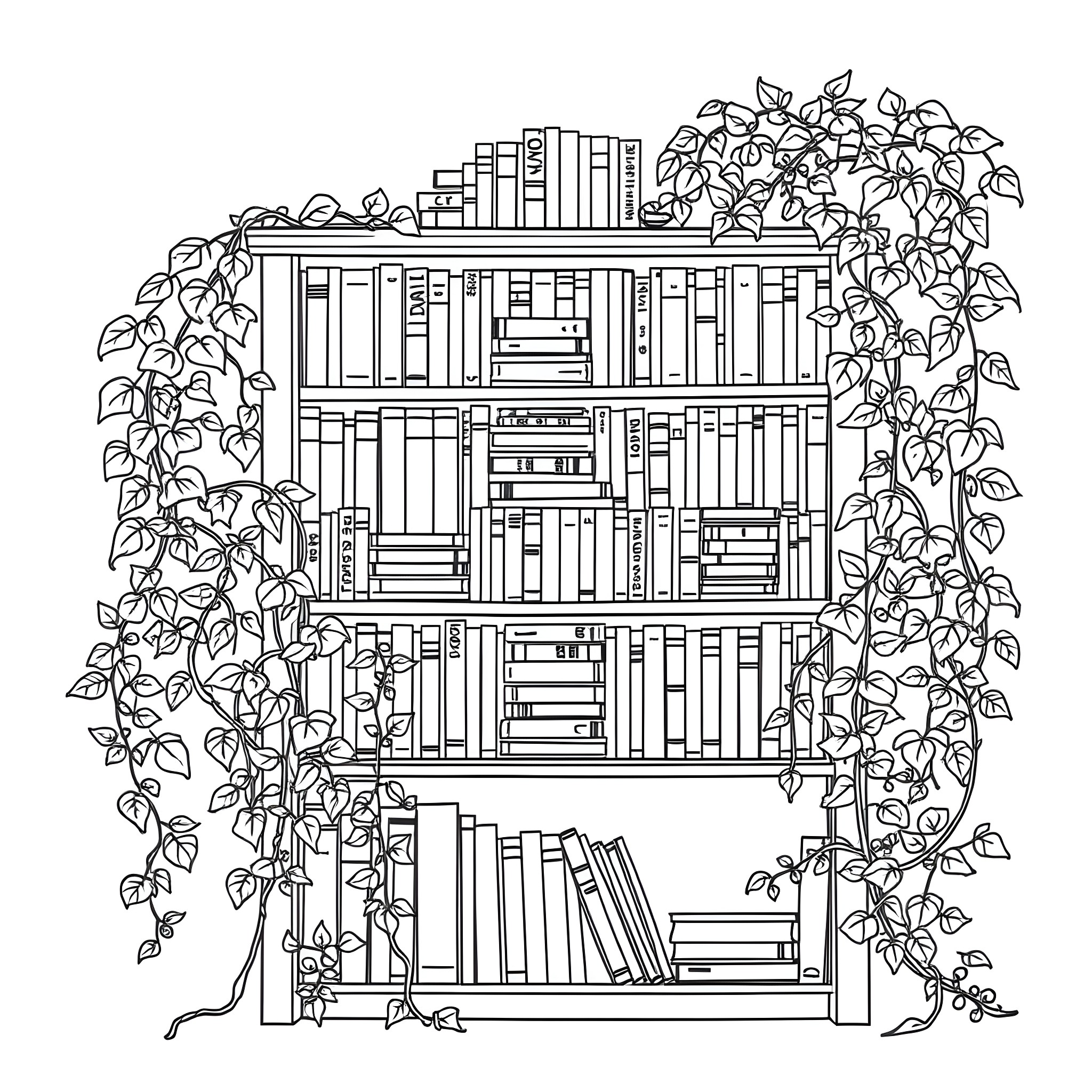 Book Shelf Surrounded by Vines and Leaves Coloring Page (free black-and-white line drawing printable PDF for all, from beginners to advanced learners, including children, teens, adults, and seniors)