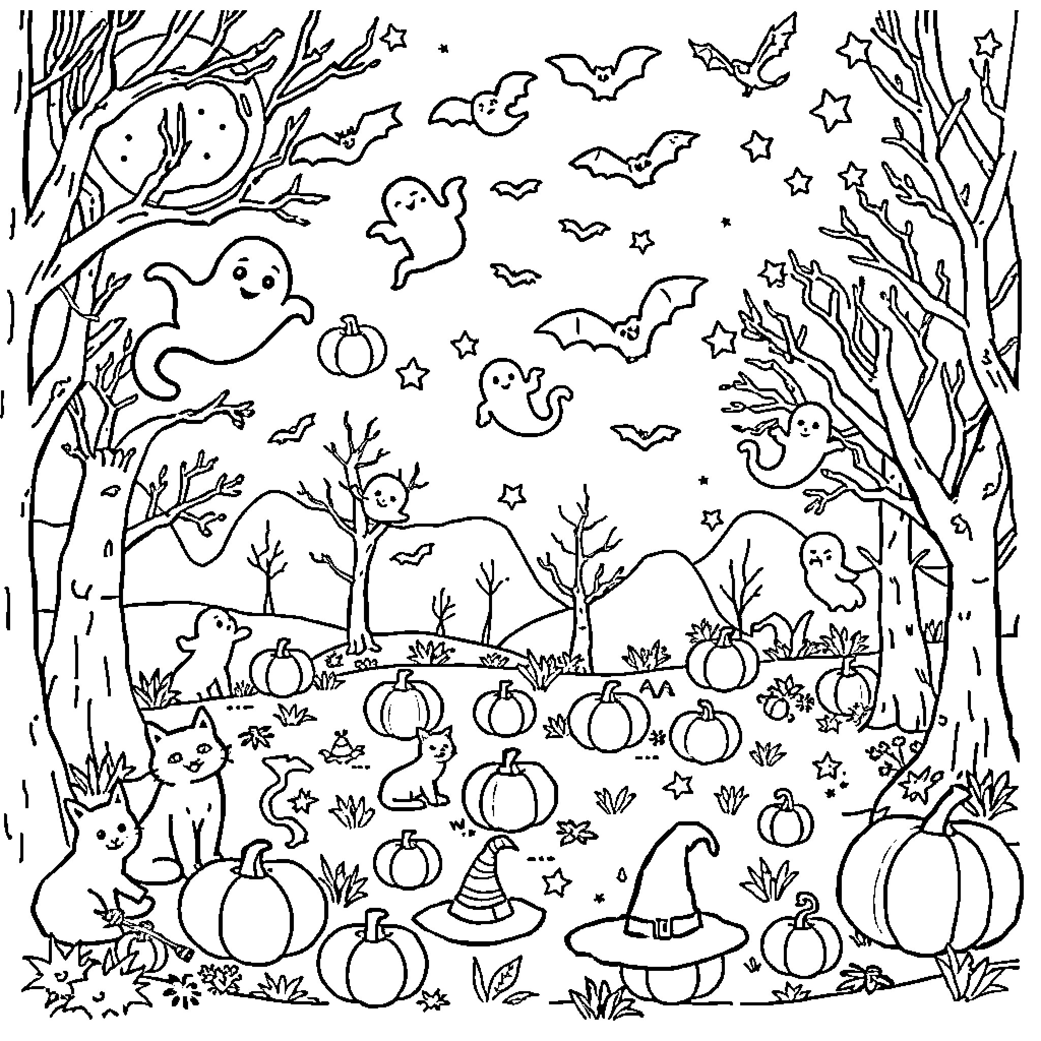 Cat Halloween Scene with Ghosts and Pumpkins Coloring Page (free black-and-white line drawing printable PDF for all, from beginners to advanced learners, including children, teens, adults, and seniors)