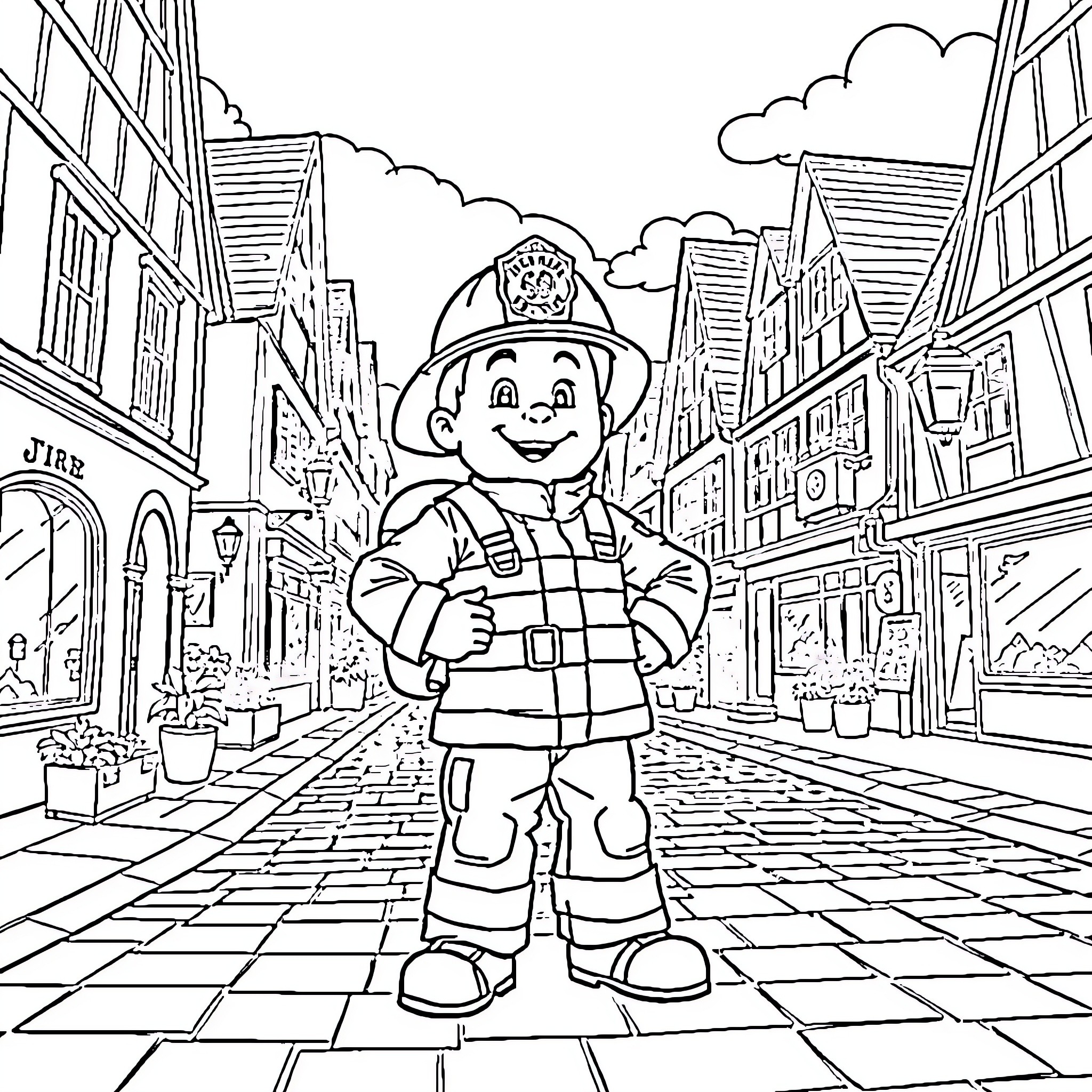Fireman Sam in the city street Coloring Page (free black-and-white line drawing printable PDF for all, from beginners to advanced learners, including children, teens, adults, and seniors)