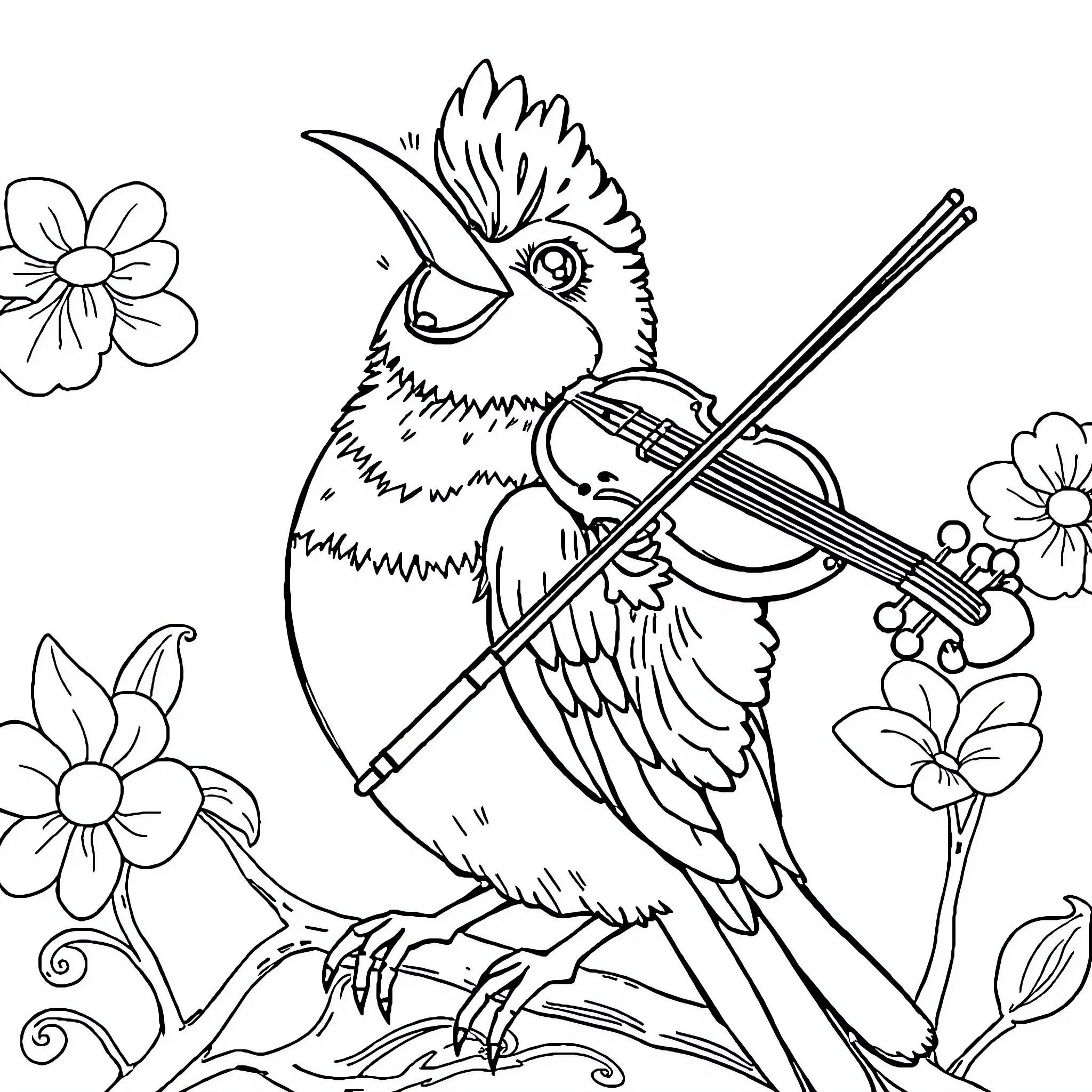 Bird playing a violin surrounded by flowers Coloring Page (free black-and-white line drawing printable PDF for all, from beginners to advanced learners, including children, teens, adults, and seniors)