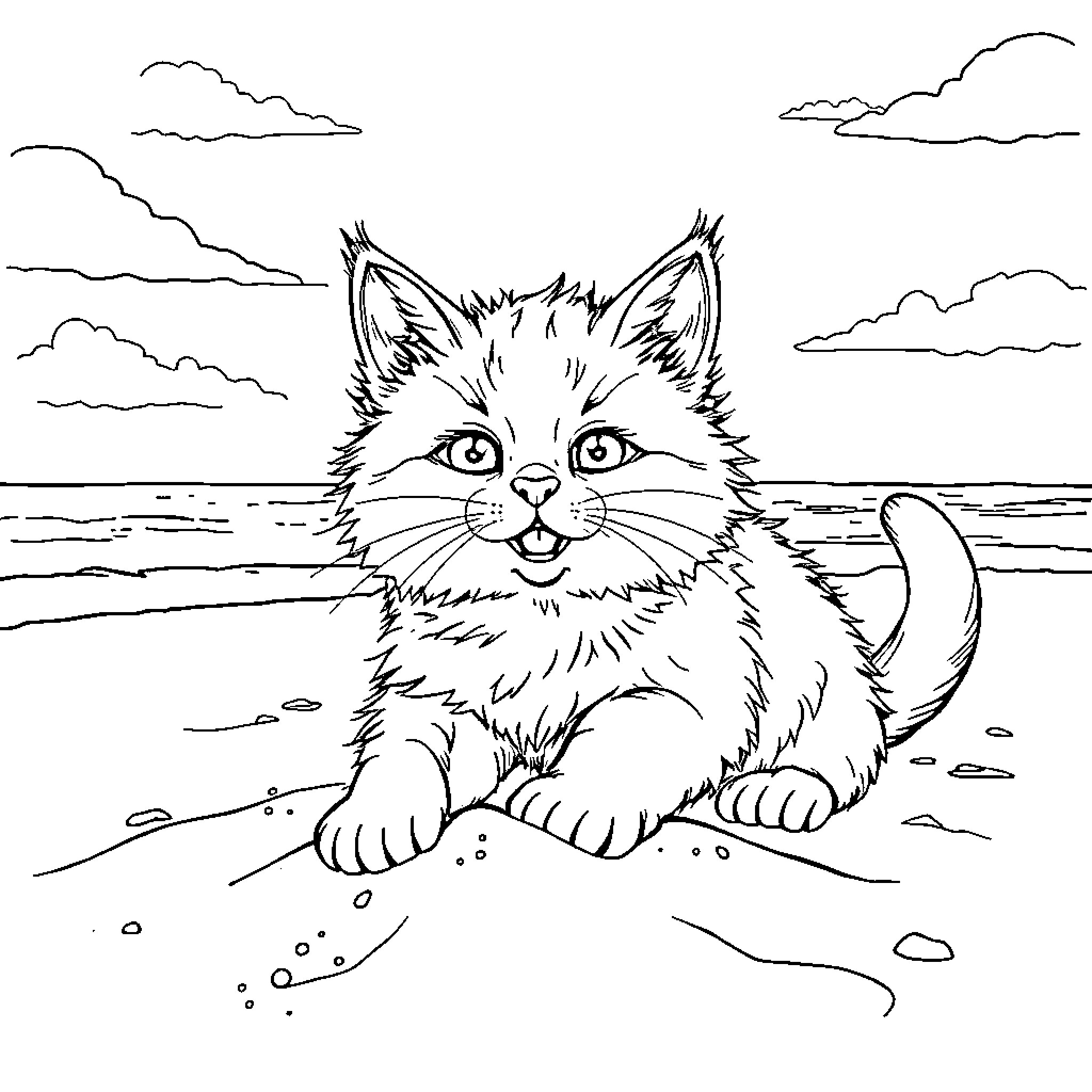 Cat enjoying the scenic beach landscape Coloring Page (free black-and-white line drawing printable PDF for all, from beginners to advanced learners, including children, teens, adults, and seniors)
