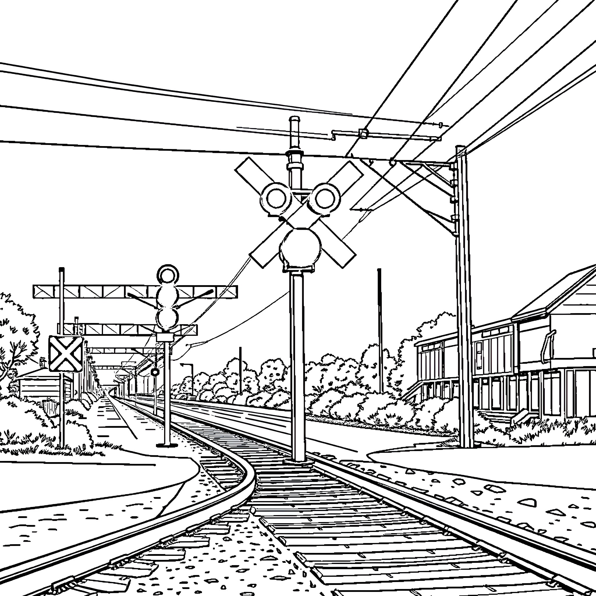 Train tracks winding through a rural town Coloring Page (free black-and-white line drawing printable PDF for all, from beginners to advanced learners, including children, teens, adults, and seniors)