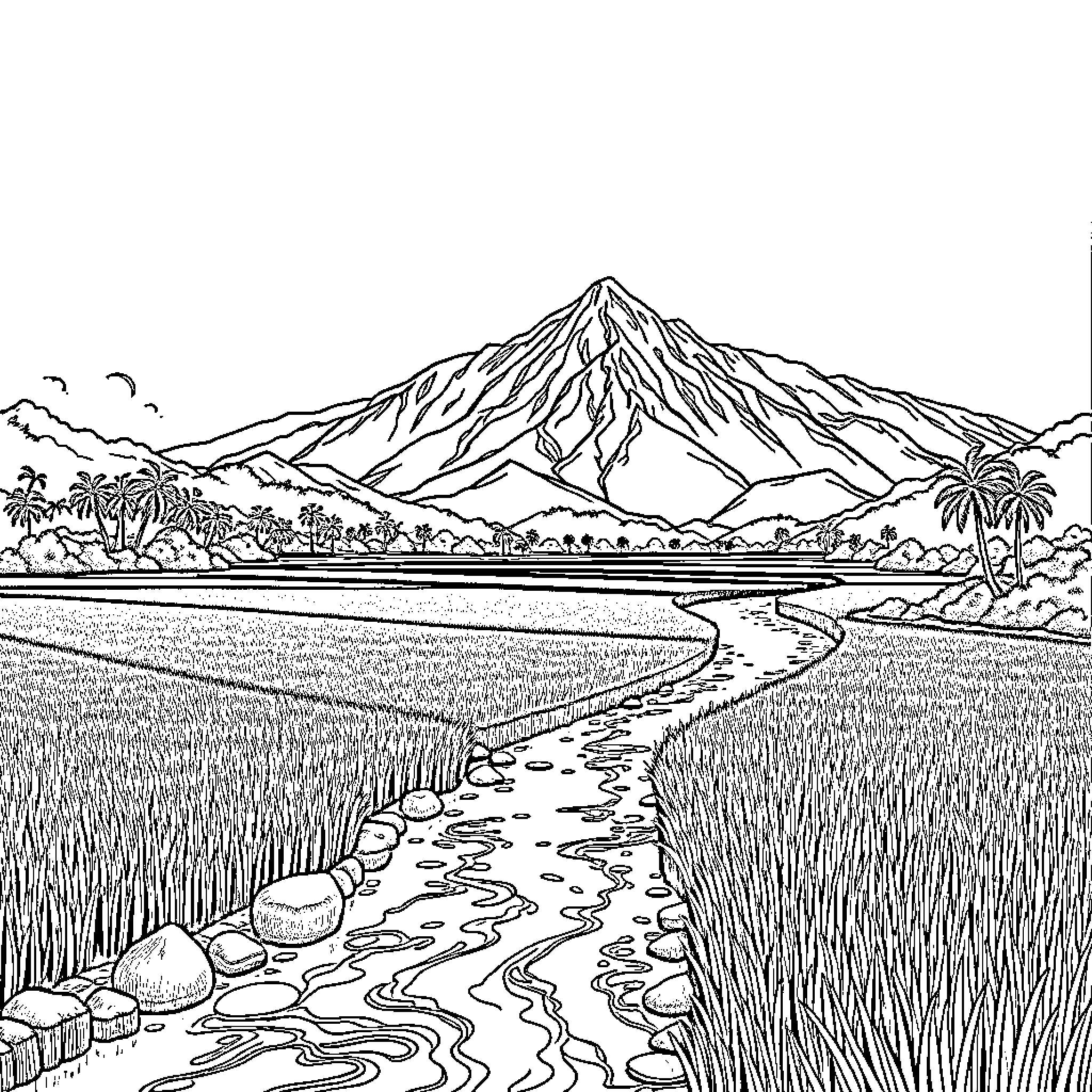 River flowing through a scenic mountain landscape Coloring Page (free black-and-white line drawing printable PDF for all, from beginners to advanced learners, including children, teens, adults, and seniors)