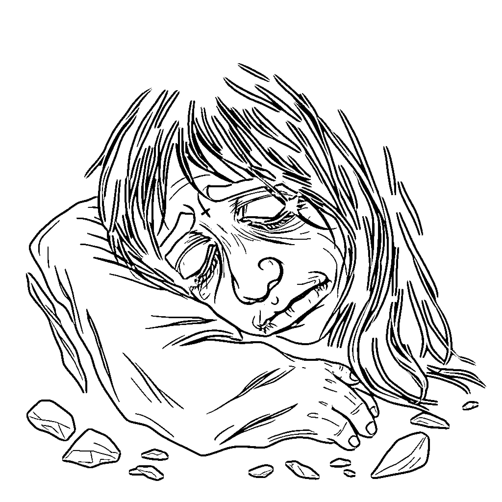 Depression - Sleeping Peacefully in Solitude Coloring Page (free black-and-white line drawing printable PDF for all, from beginners to advanced learners, including children, teens, adults, and seniors)