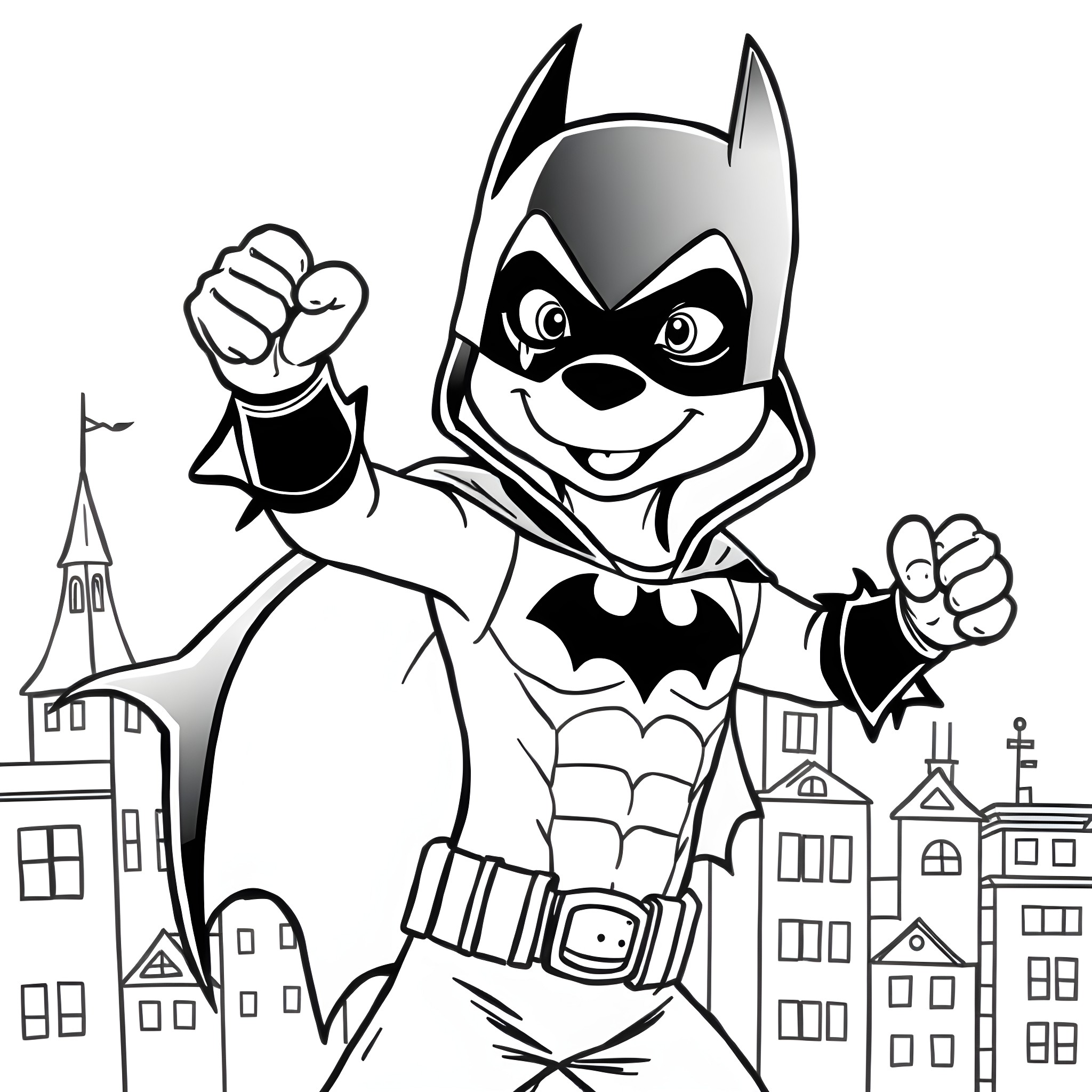 Bandit Superhero Conquering the City Coloring Page (free black-and-white line drawing printable PDF for all, from beginners to advanced learners, including children, teens, adults, and seniors)