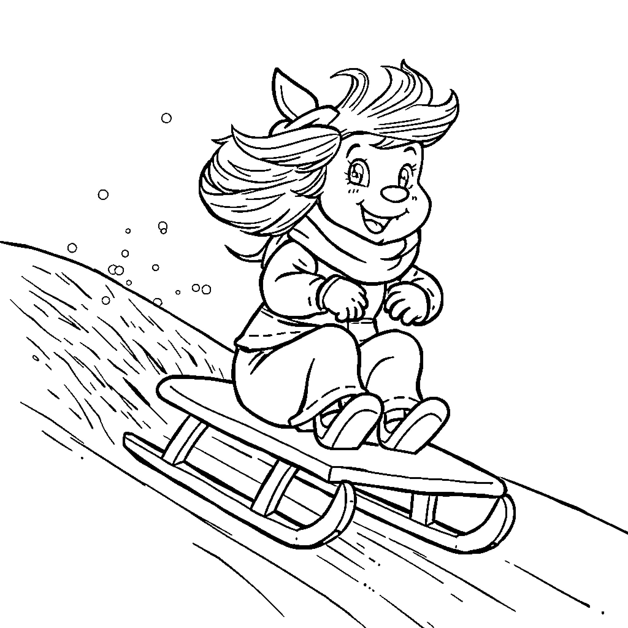 Tilly's Snowy Sled Ride Coloring Page (free black-and-white line drawing printable PDF for all, from beginners to advanced learners, including children, teens, adults, and seniors)