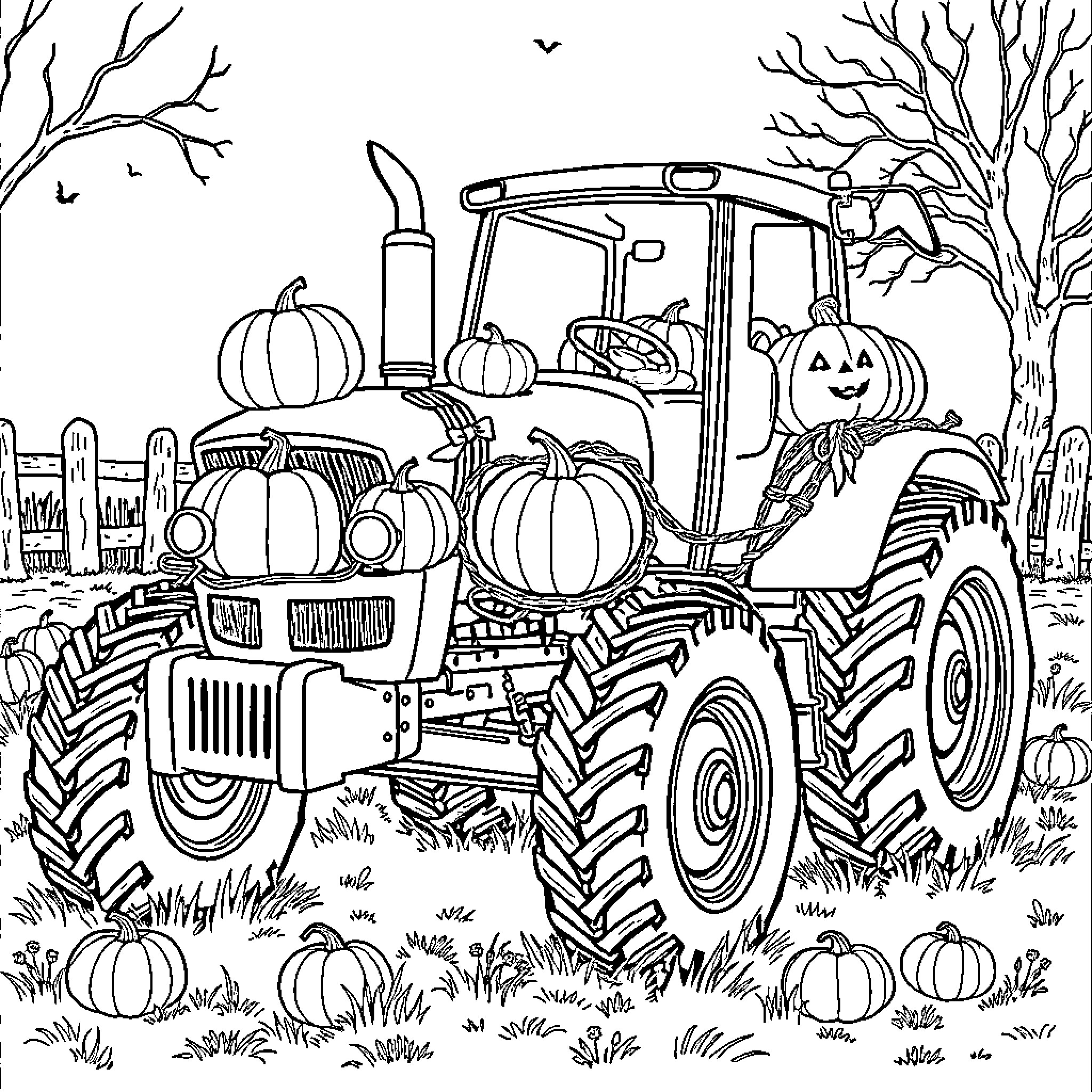 Tractor harvesting pumpkins in autumn field Coloring Page (free black-and-white line drawing printable PDF for all, from beginners to advanced learners, including children, teens, adults, and seniors)