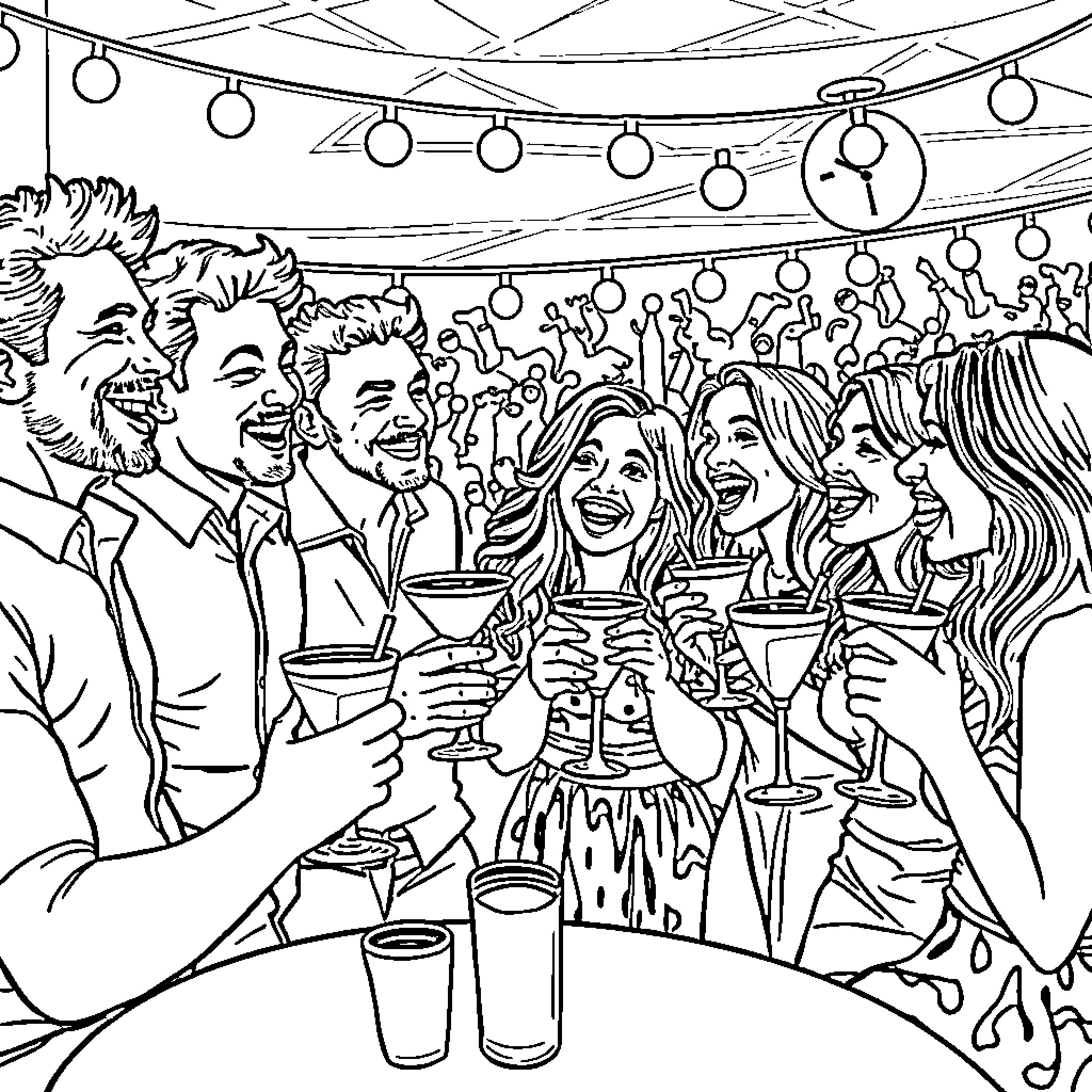 Friend Gathering Joyfully at Party with Drinks Coloring Page (free black-and-white line drawing printable PDF for all, from beginners to advanced learners, including children, teens, adults, and seniors)