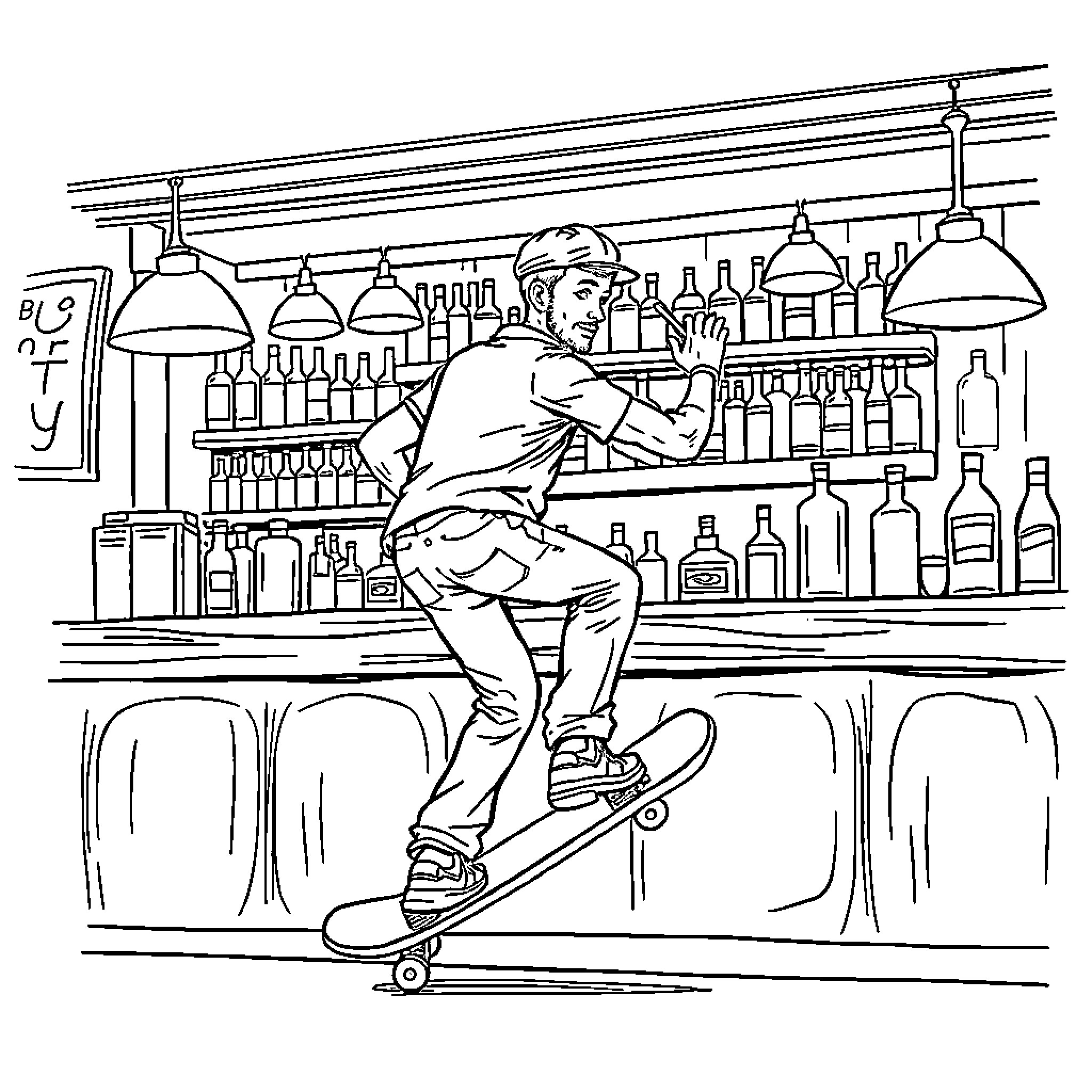 Bartender serving drinks behind the bar Coloring Page (free black-and-white line drawing printable PDF for all, from beginners to advanced learners, including children, teens, adults, and seniors)
