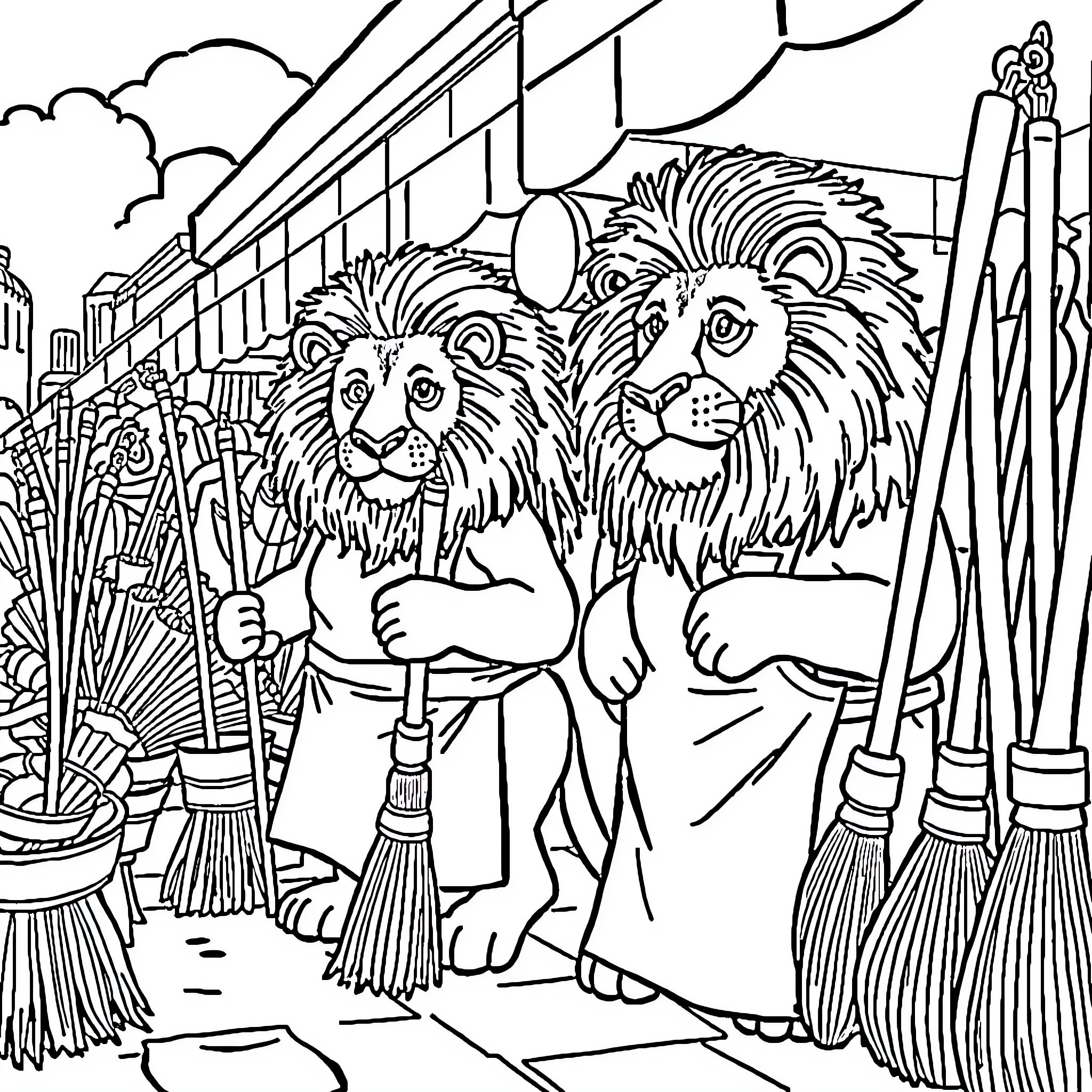 Lion Cleaners Preparing for the Day Coloring Page (free black-and-white line drawing printable PDF for all, from beginners to advanced learners, including children, teens, adults, and seniors)