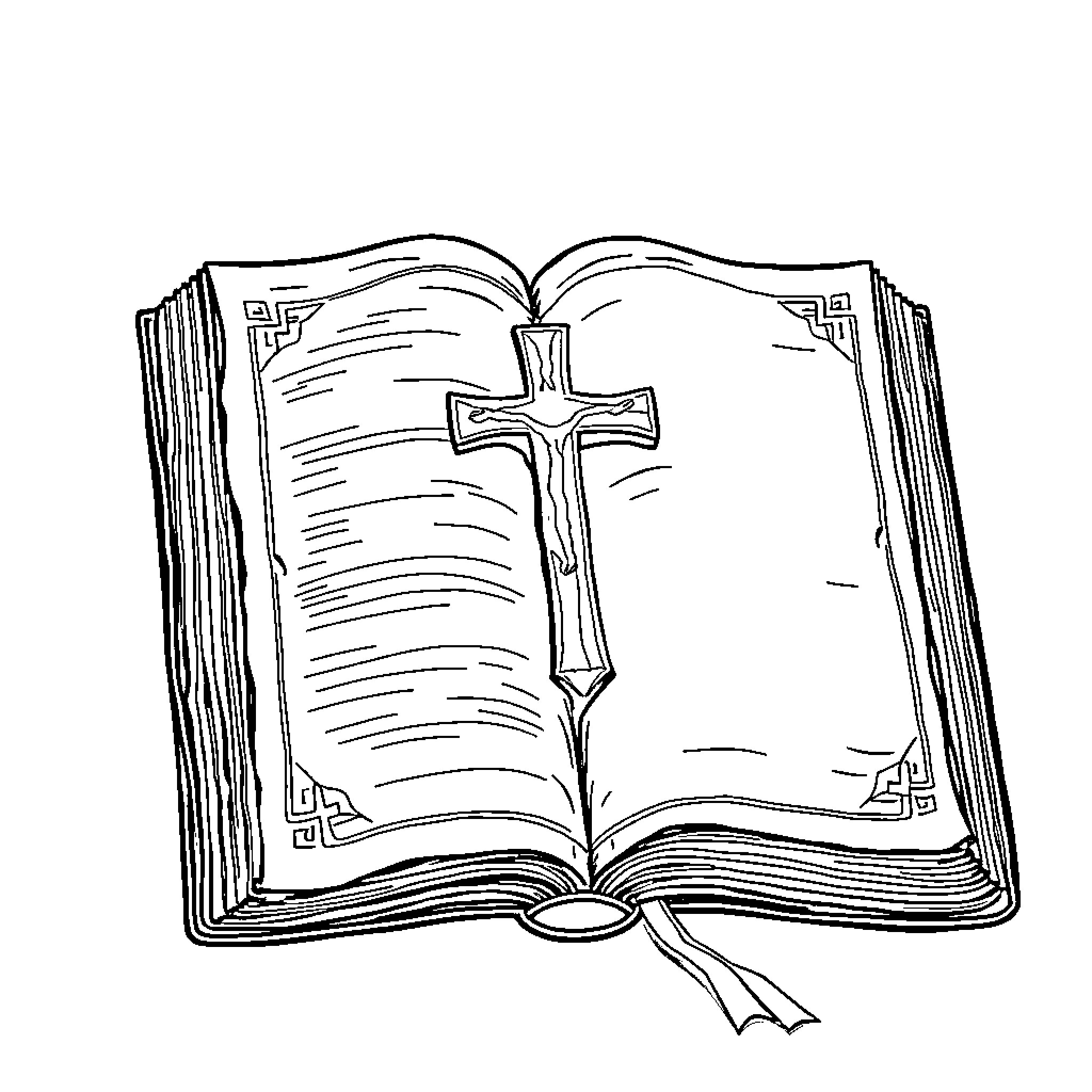 Bible with Cross Opened to Reveal Pages Coloring Page (free black-and-white line drawing printable PDF for all, from beginners to advanced learners, including children, teens, adults, and seniors)