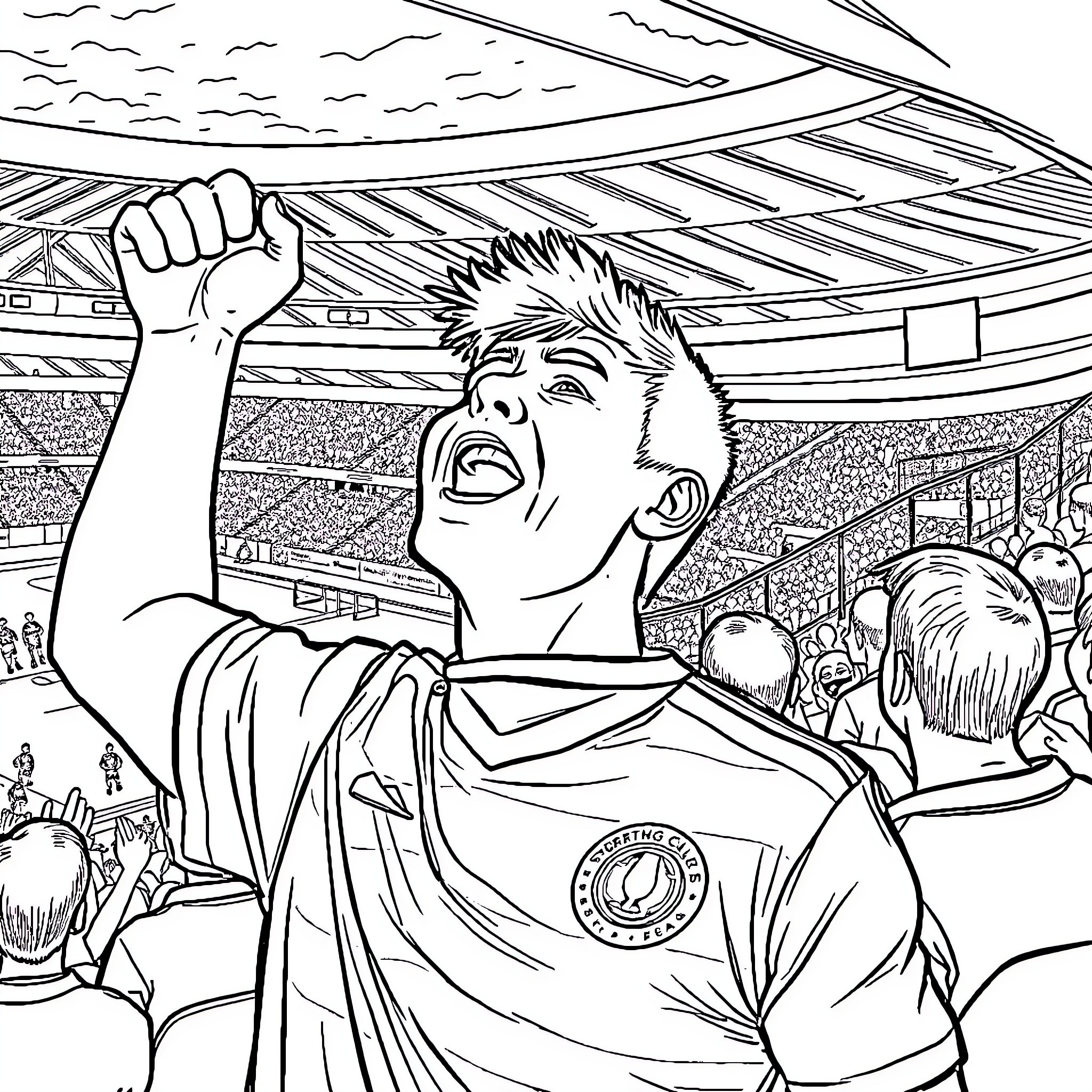 Fan celebrating victory in a sports stadium Coloring Page (free black-and-white line drawing printable PDF for all, from beginners to advanced learners, including children, teens, adults, and seniors)