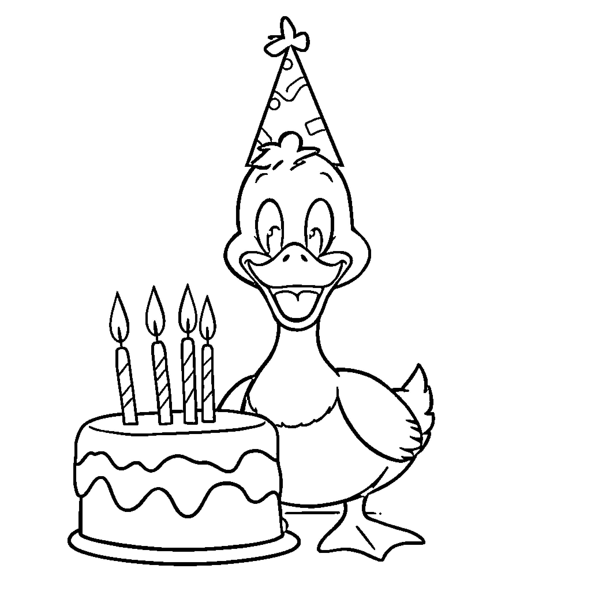 Duck celebrating birthday with cake and candles Coloring Page (free black-and-white line drawing printable PDF for all, from beginners to advanced learners, including children, teens, adults, and seniors)